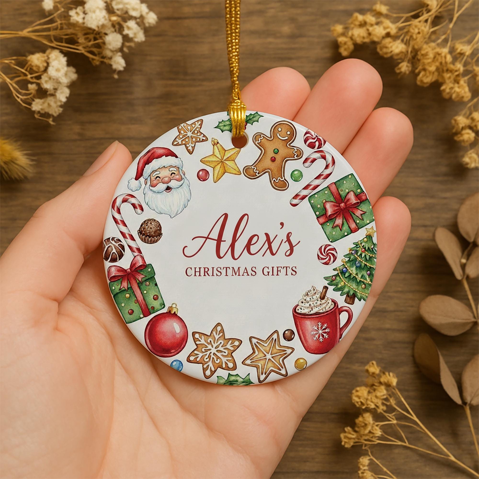 Personalized Ceramic Christmas Ornament with Santa and Holiday Cookies: Custom Name Tree Decoration