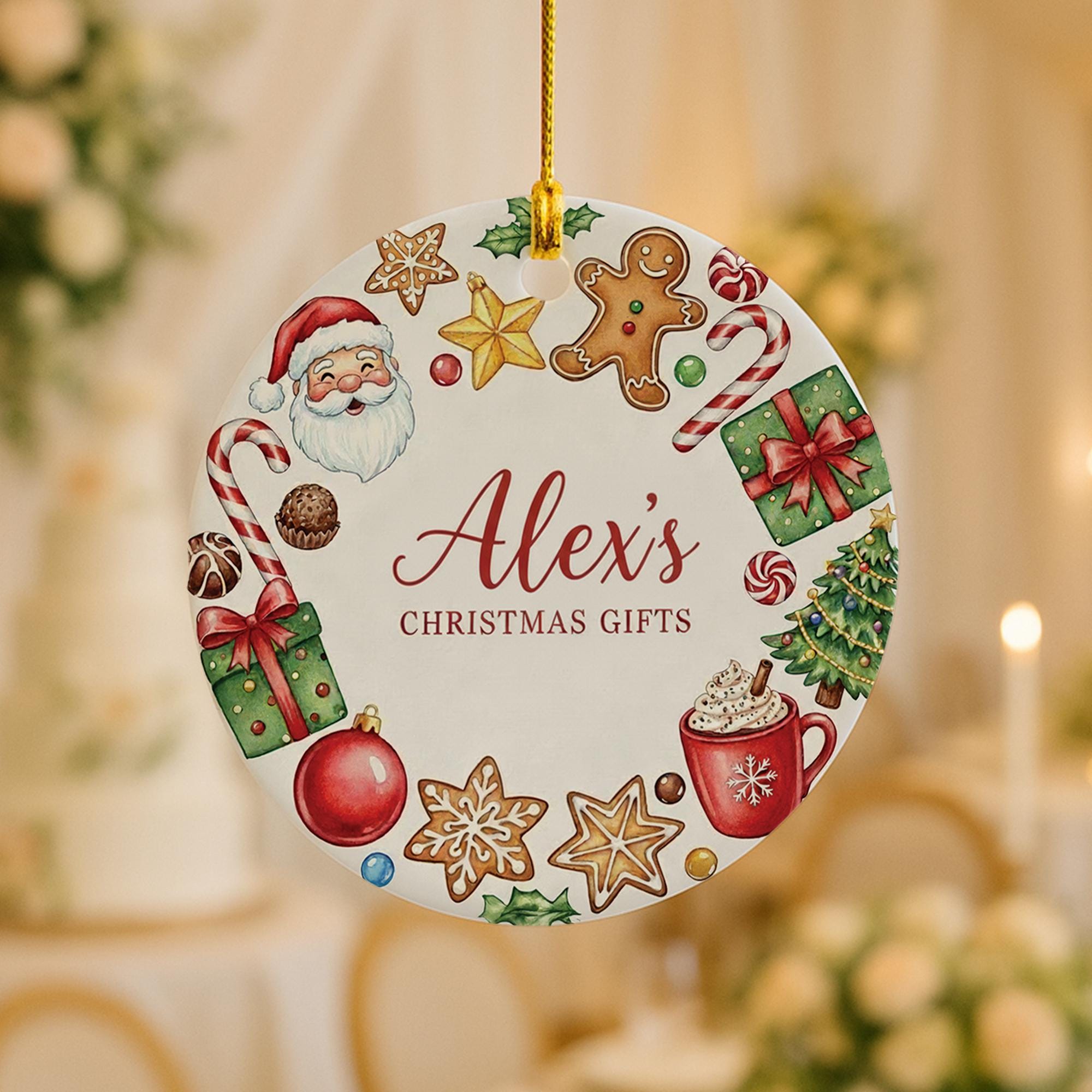 Personalized Ceramic Christmas Ornament with Santa and Holiday Cookies: Custom Name Tree Decoration