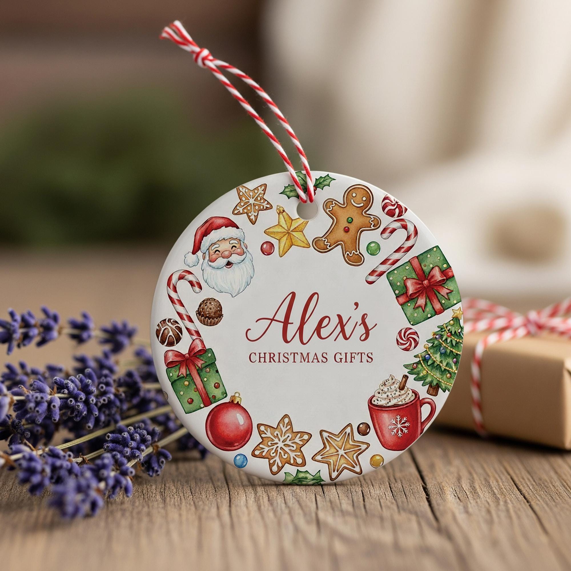 Personalized Ceramic Christmas Ornament with Santa and Holiday Cookies: Custom Name Tree Decoration
