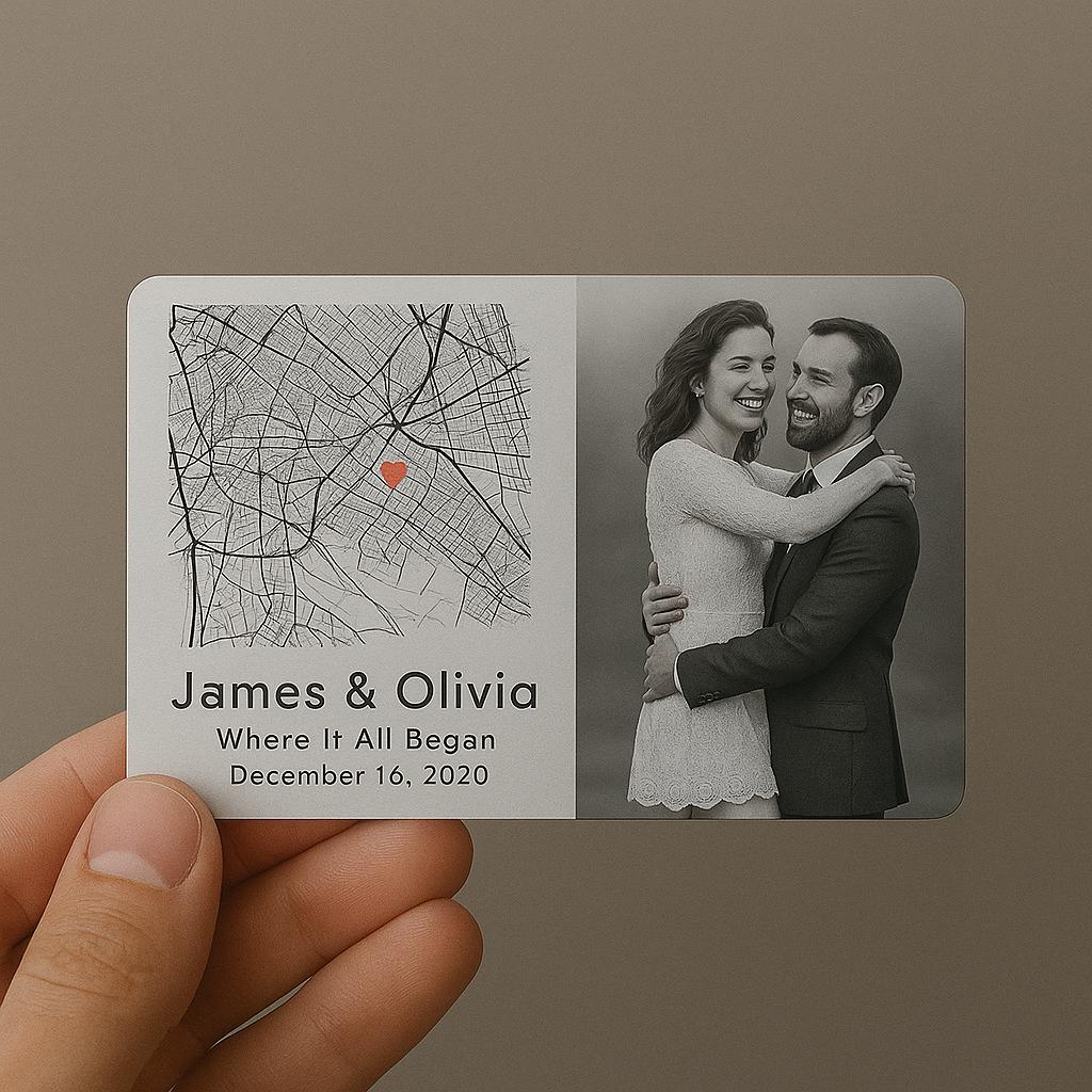 Personalized Metal Wallet Card, Custom Photo and Map Design, Keepsake Anniversary Gift