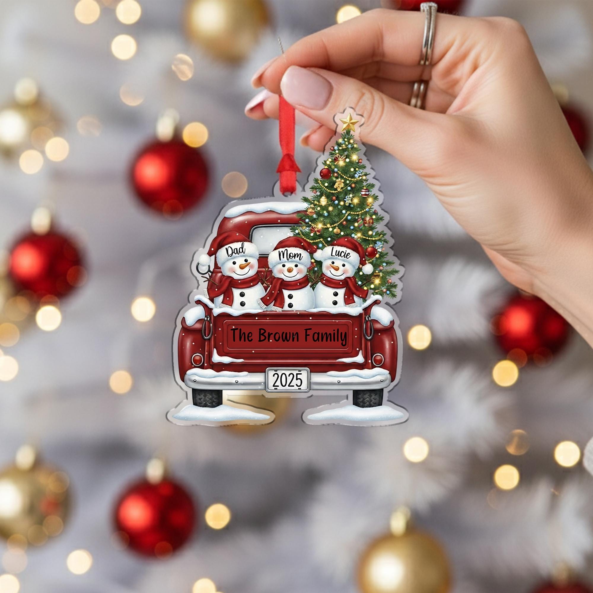 Personalized Family Christmas Ornament with Snowmen in Truck: Custom Name Holiday Tree Decoration