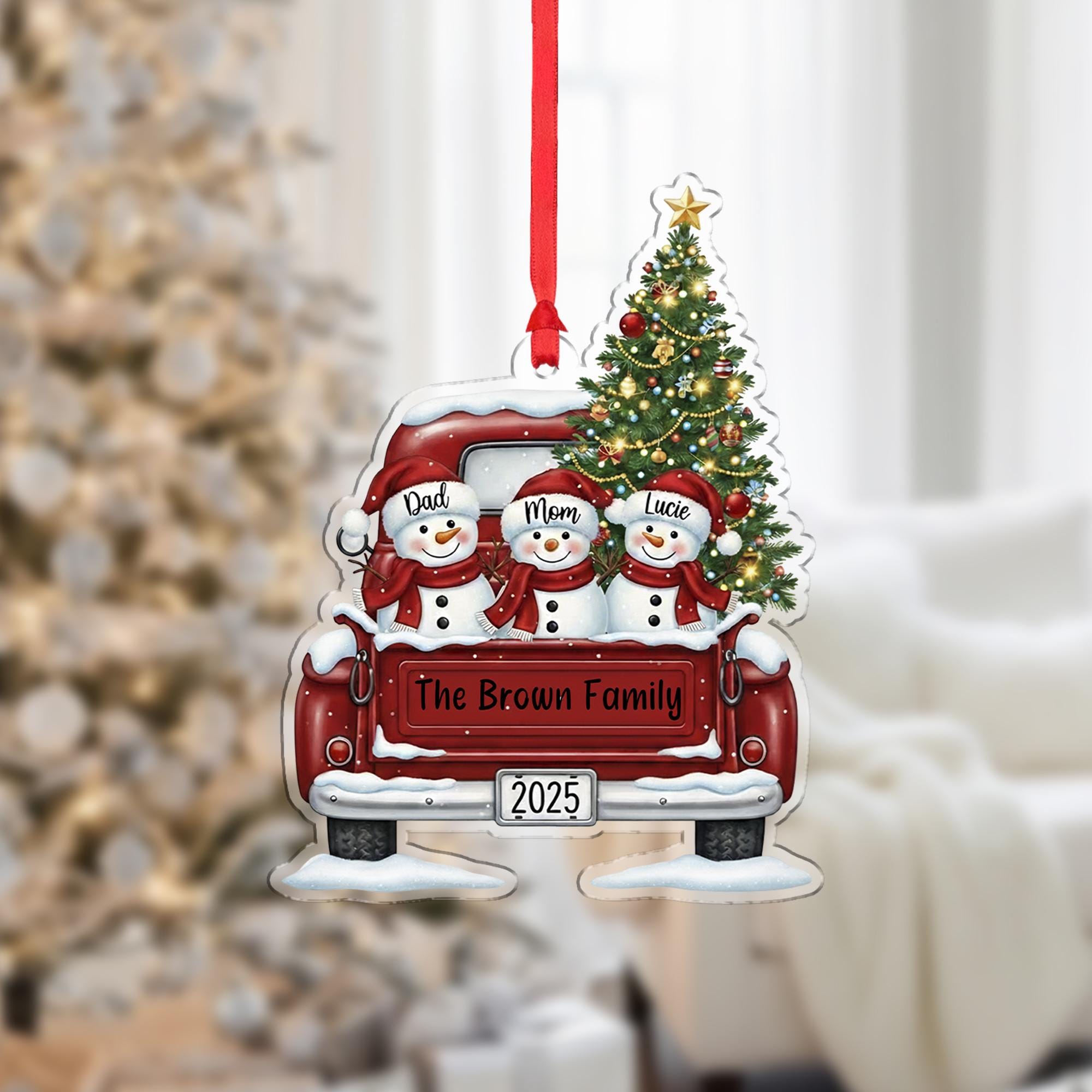 Personalized Family Christmas Ornament with Snowmen in Truck: Custom Name Holiday Tree Decoration