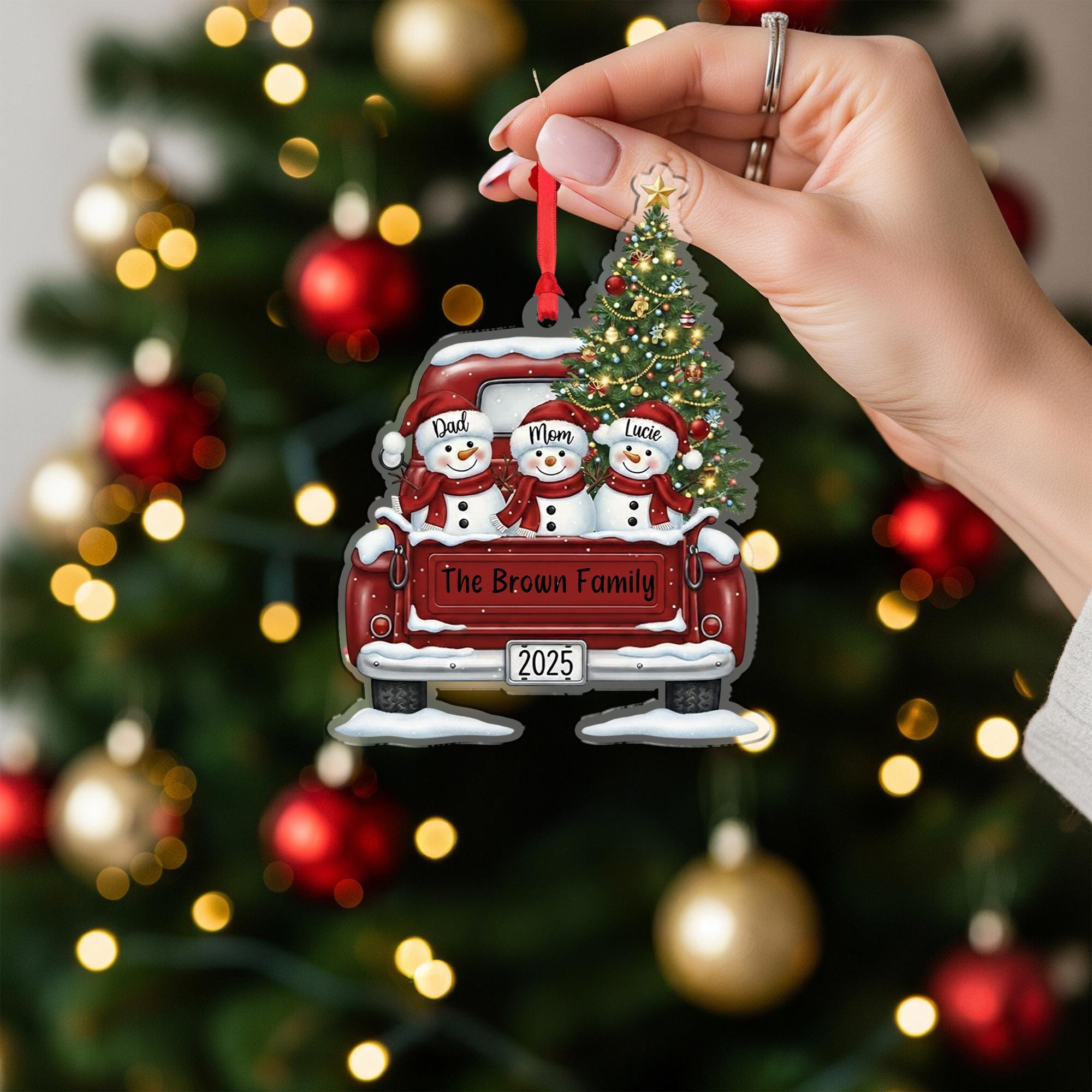 Personalized Family Christmas Ornament with Snowmen in Truck: Custom Name Holiday Tree Decoration