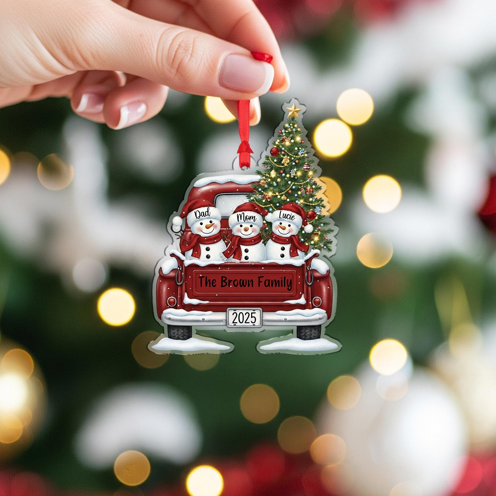 Personalized Family Christmas Ornament with Snowmen in Truck: Custom Name Holiday Tree Decoration