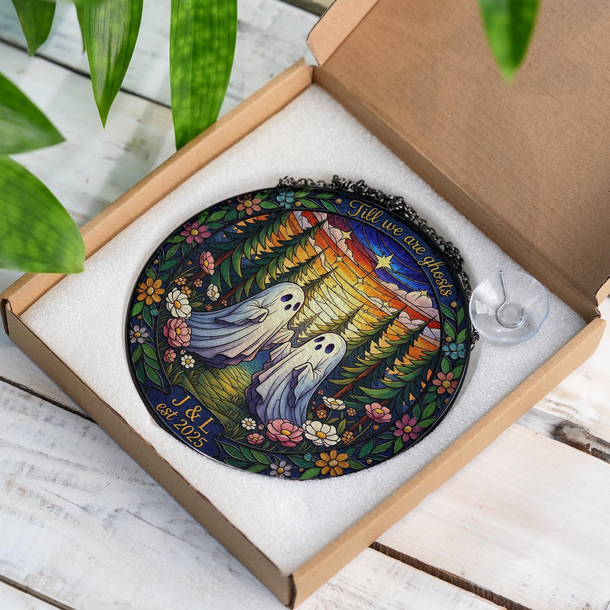 Personalized Glass Suncatcher with Ghost Couple Design, Forest Sunset Scene