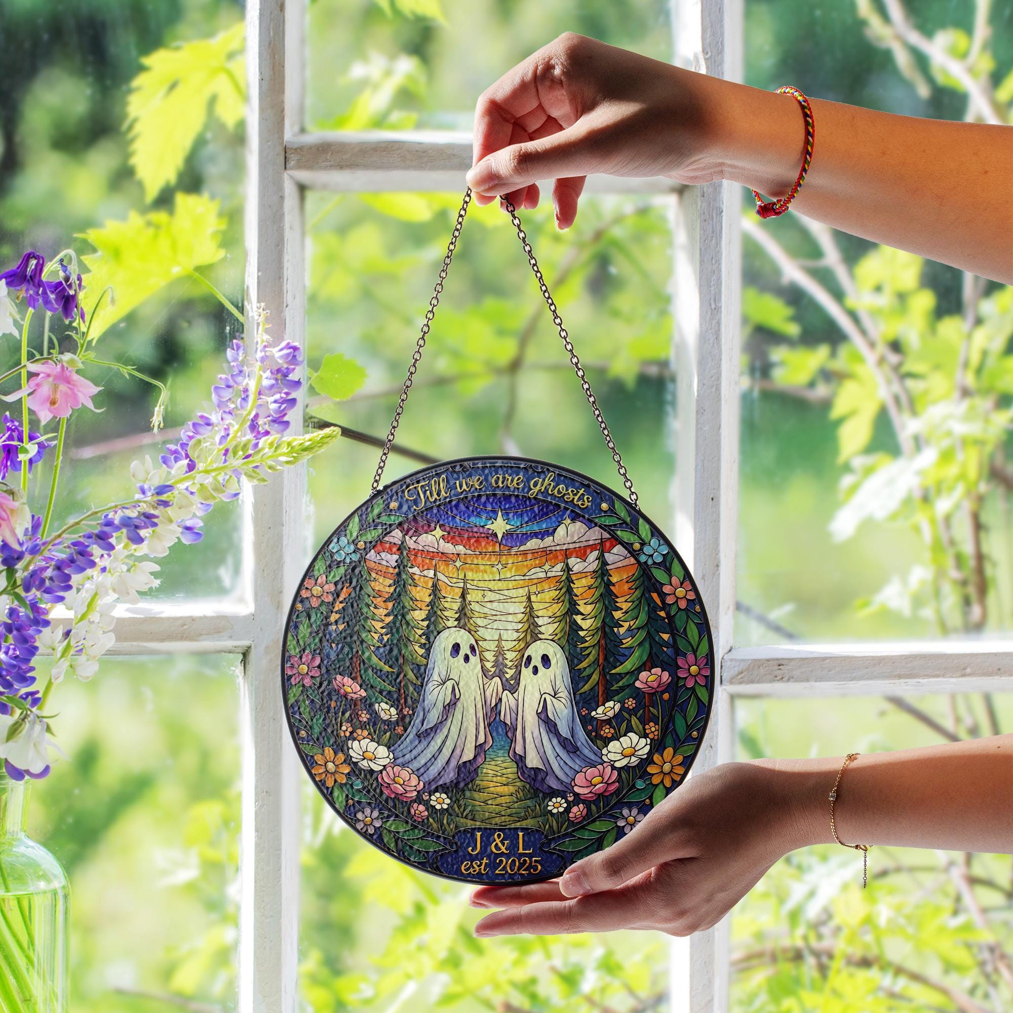Personalized Glass Suncatcher with Ghost Couple Design, Forest Sunset Scene