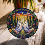 Personalized Glass Suncatcher with Ghost Couple Design, Forest Sunset Scene