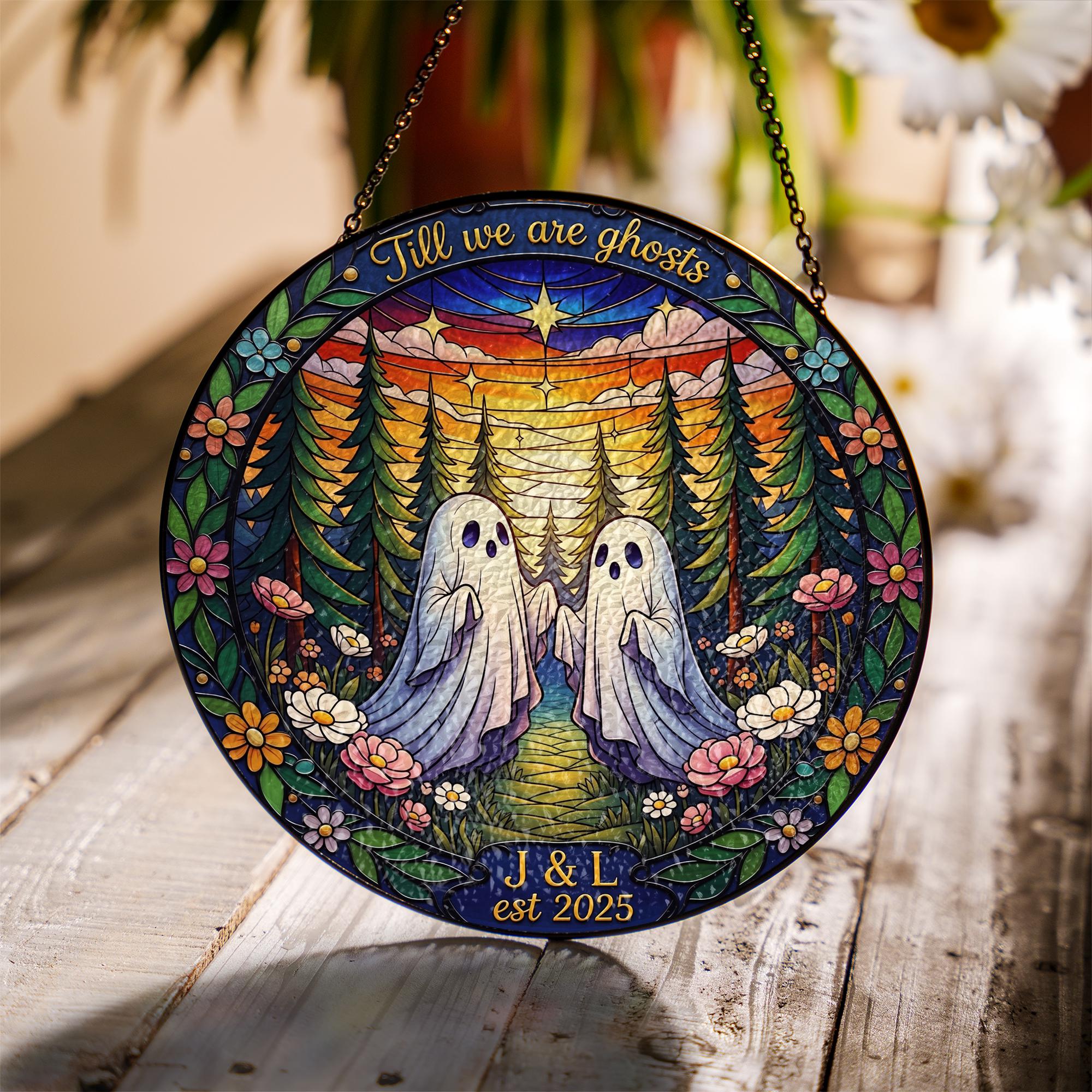 Personalized Glass Suncatcher with Ghost Couple Design, Forest Sunset Scene