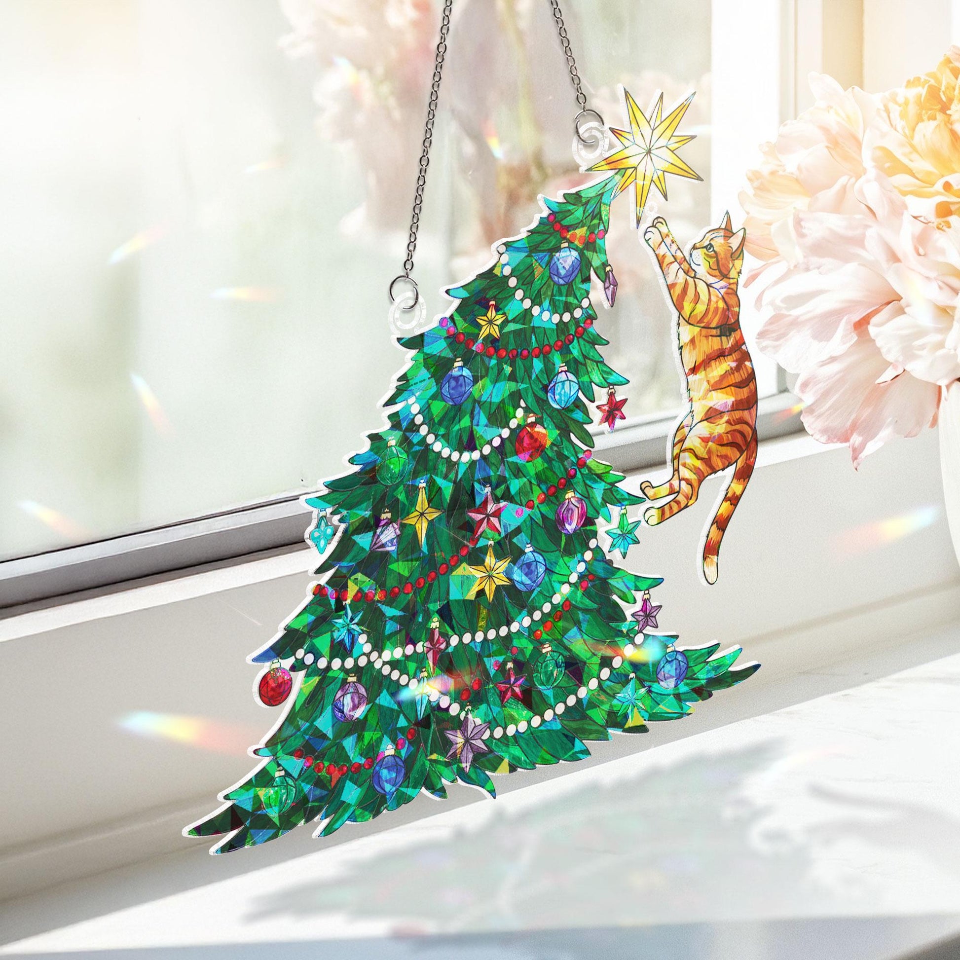 Orange Cat Climbing Christmas Tree Ornament: Hanging Window Decoration with Festive Lights and Star
