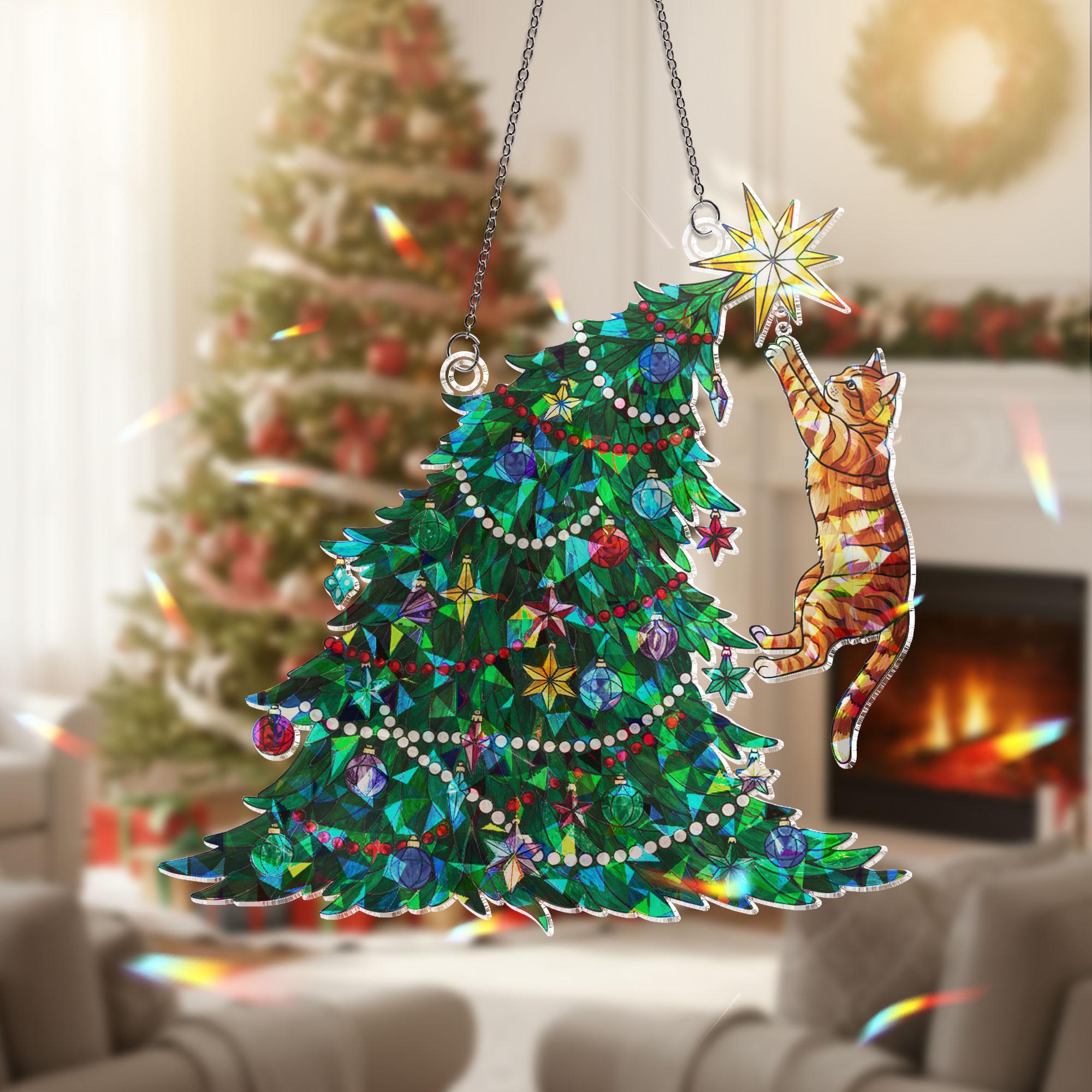Orange Cat Climbing Christmas Tree Ornament: Hanging Window Decoration with Festive Lights and Star