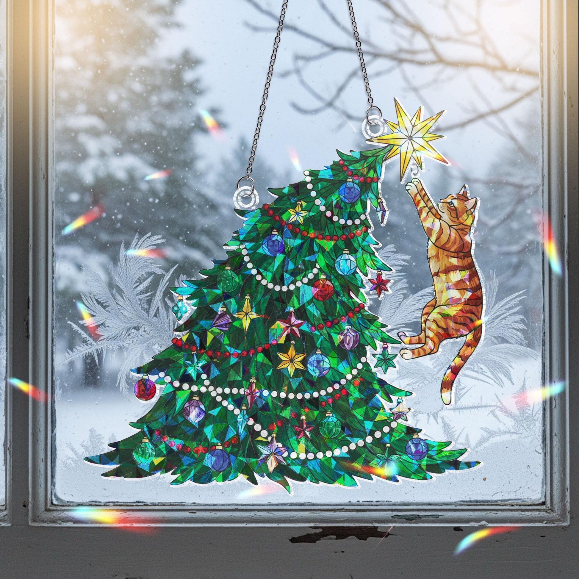 Orange Cat Climbing Christmas Tree Ornament: Hanging Window Decoration with Festive Lights and Star