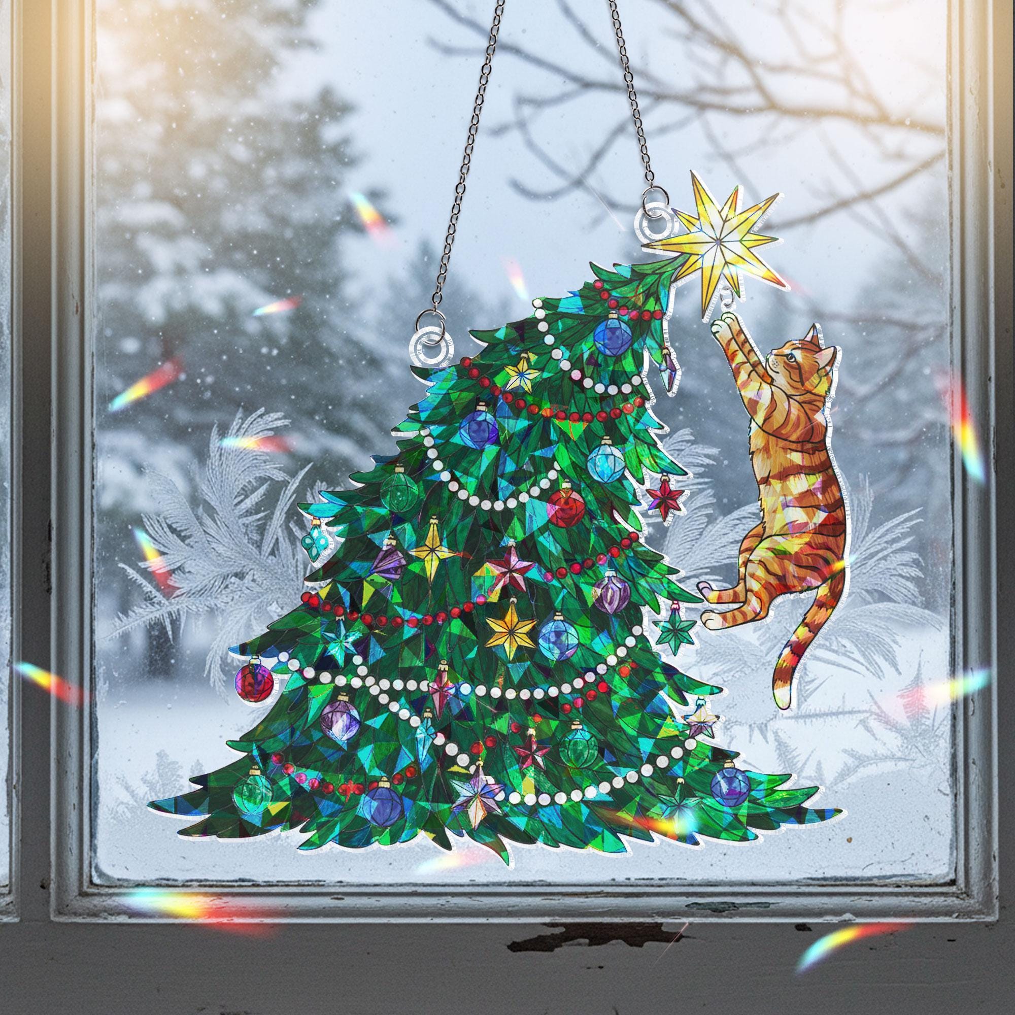 Orange Cat Climbing Christmas Tree Ornament: Hanging Window Decoration with Festive Lights and Star