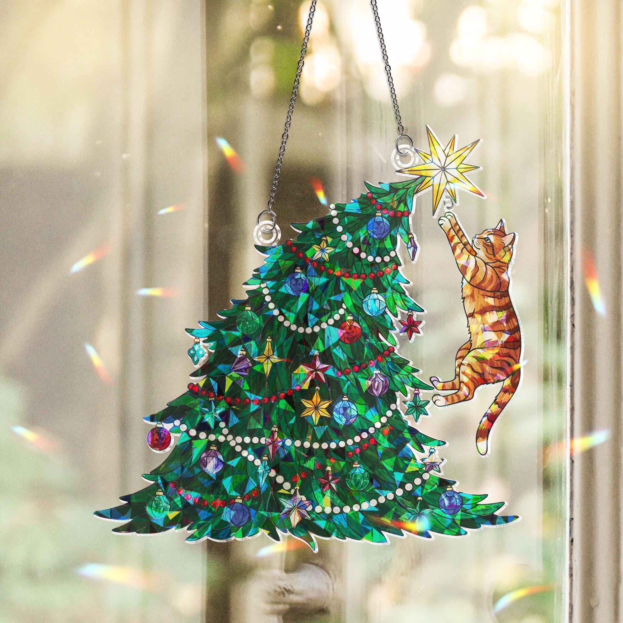 Orange Cat Climbing Christmas Tree Ornament: Hanging Window Decoration with Festive Lights and Star