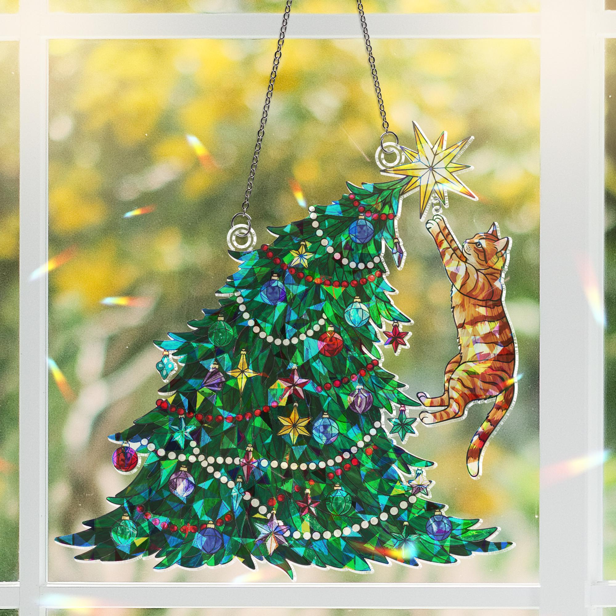 Orange Cat Climbing Christmas Tree Ornament: Hanging Window Decoration with Festive Lights and Star