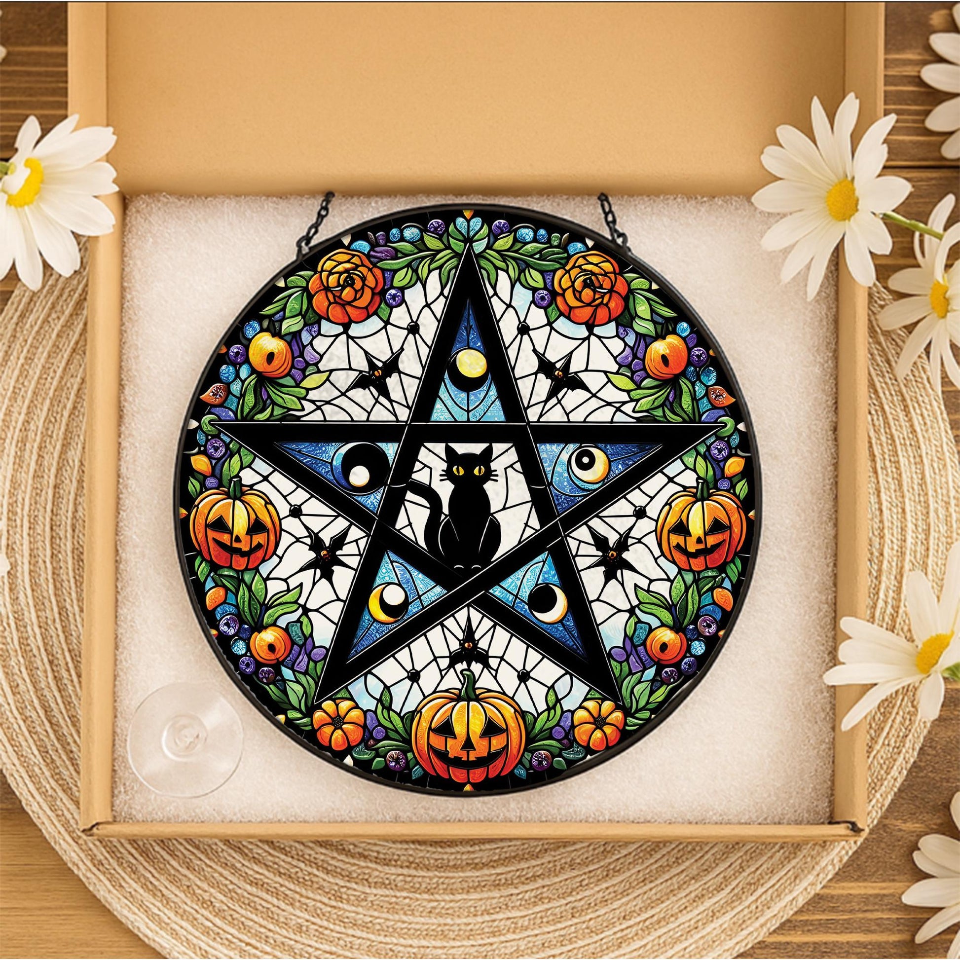 Glass Suncatcher with Pentagram and Black Cat Design, Halloween Pumpkins and Floral Pattern