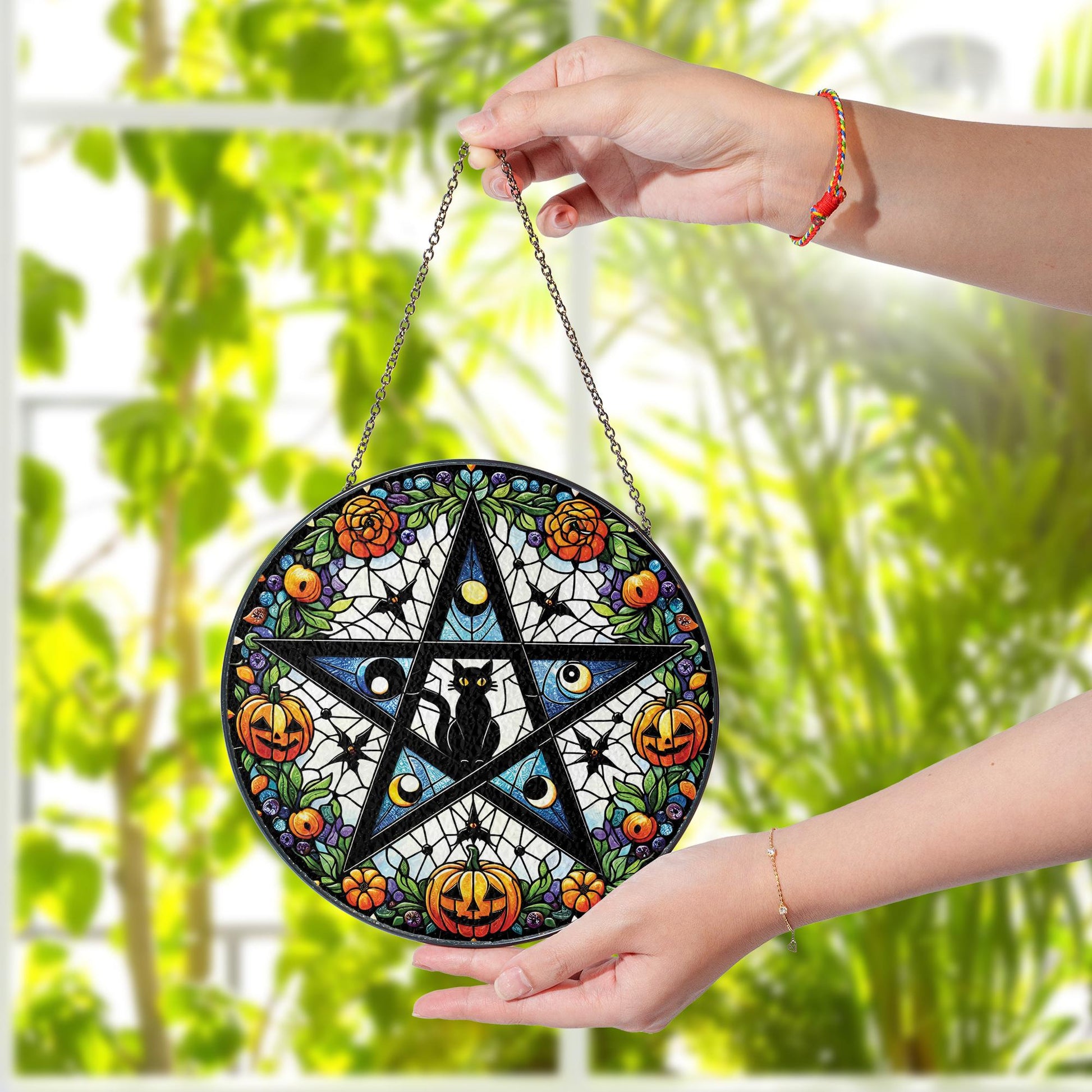 Glass Suncatcher with Pentagram and Black Cat Design, Halloween Pumpkins and Floral Pattern