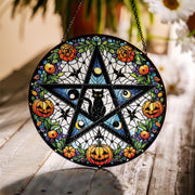 Glass Suncatcher with Pentagram and Black Cat Design, Halloween Pumpkins and Floral Pattern