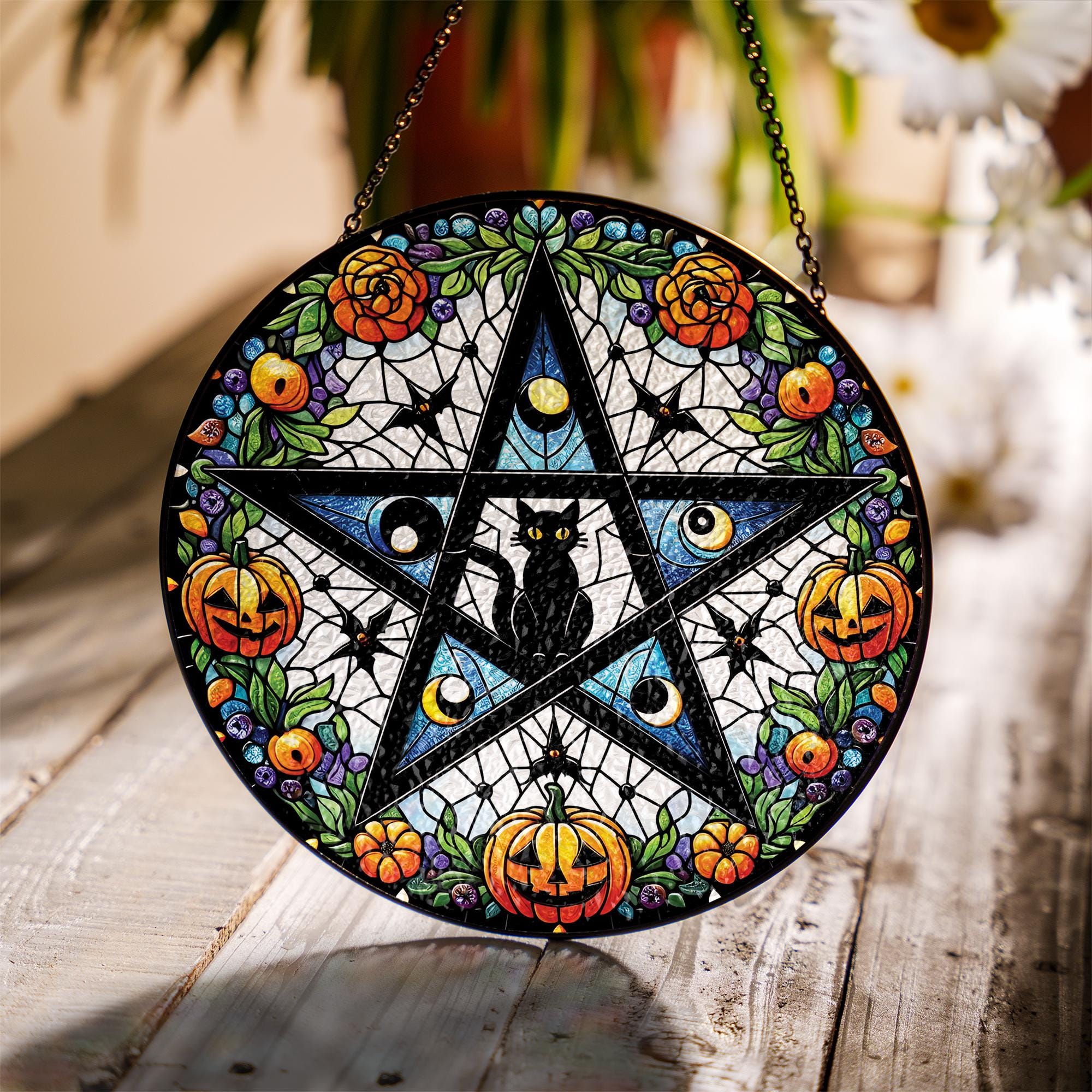 Glass Suncatcher with Pentagram and Black Cat Design, Halloween Pumpkins and Floral Pattern