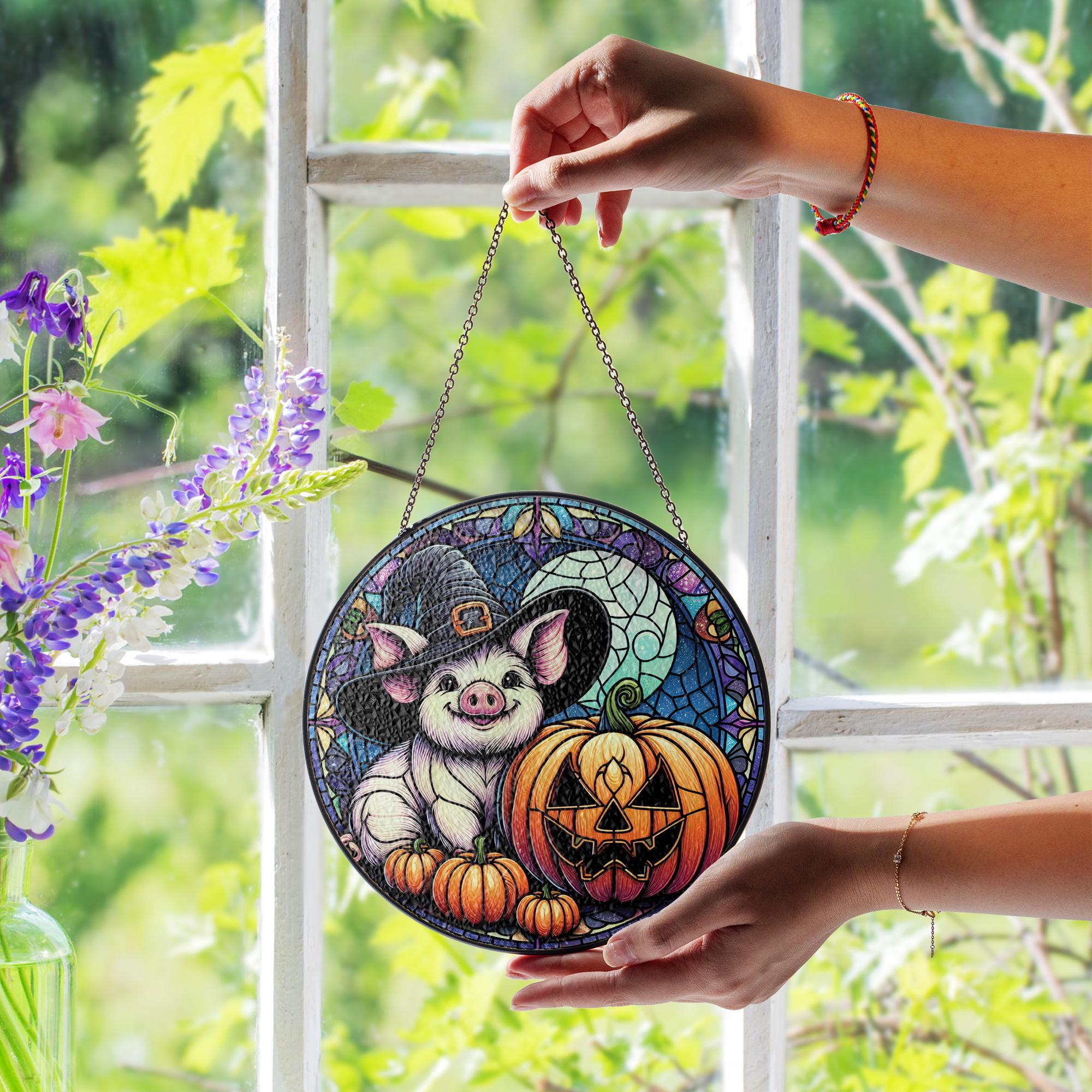 Pig and Pumpkin Glass Suncatcher, Halloween Witch Hat Scene