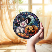 Pig and Pumpkin Glass Suncatcher, Halloween Witch Hat Scene