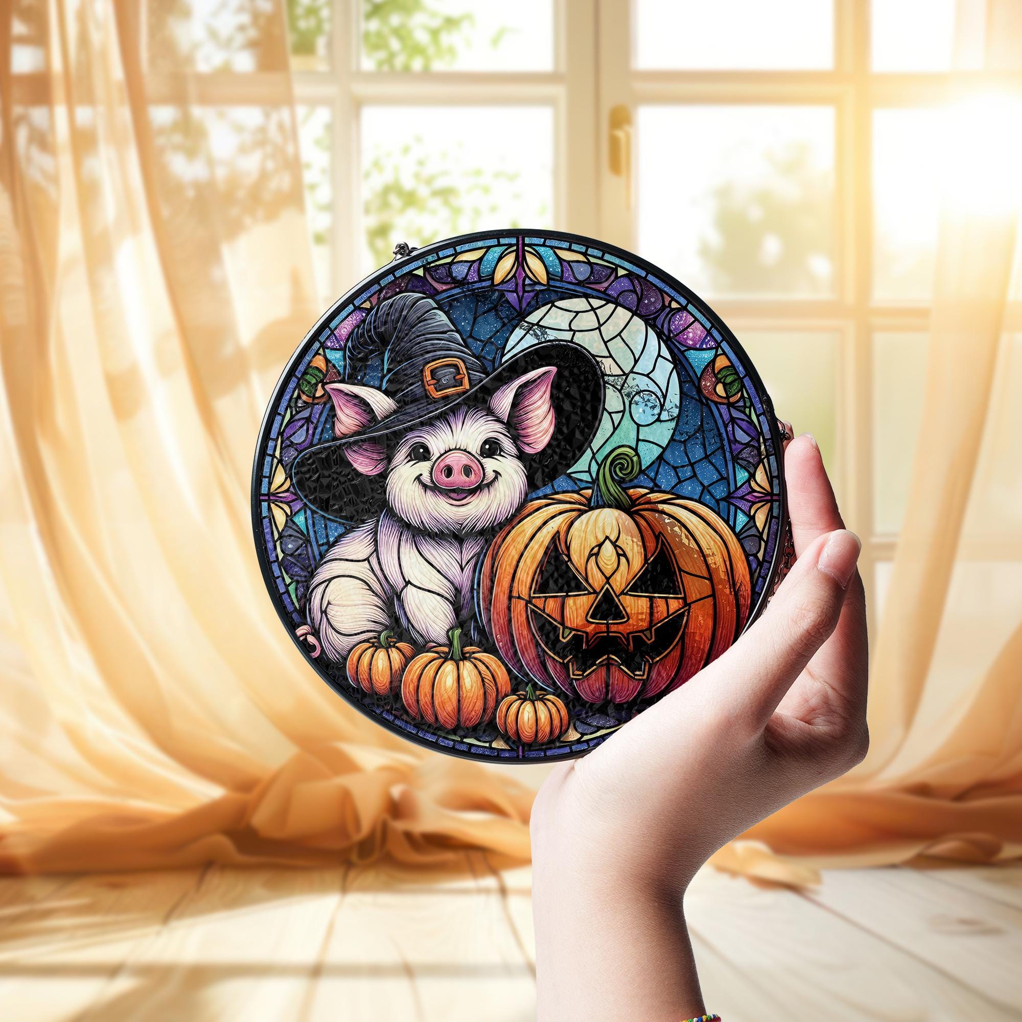 Pig and Pumpkin Glass Suncatcher, Halloween Witch Hat Scene
