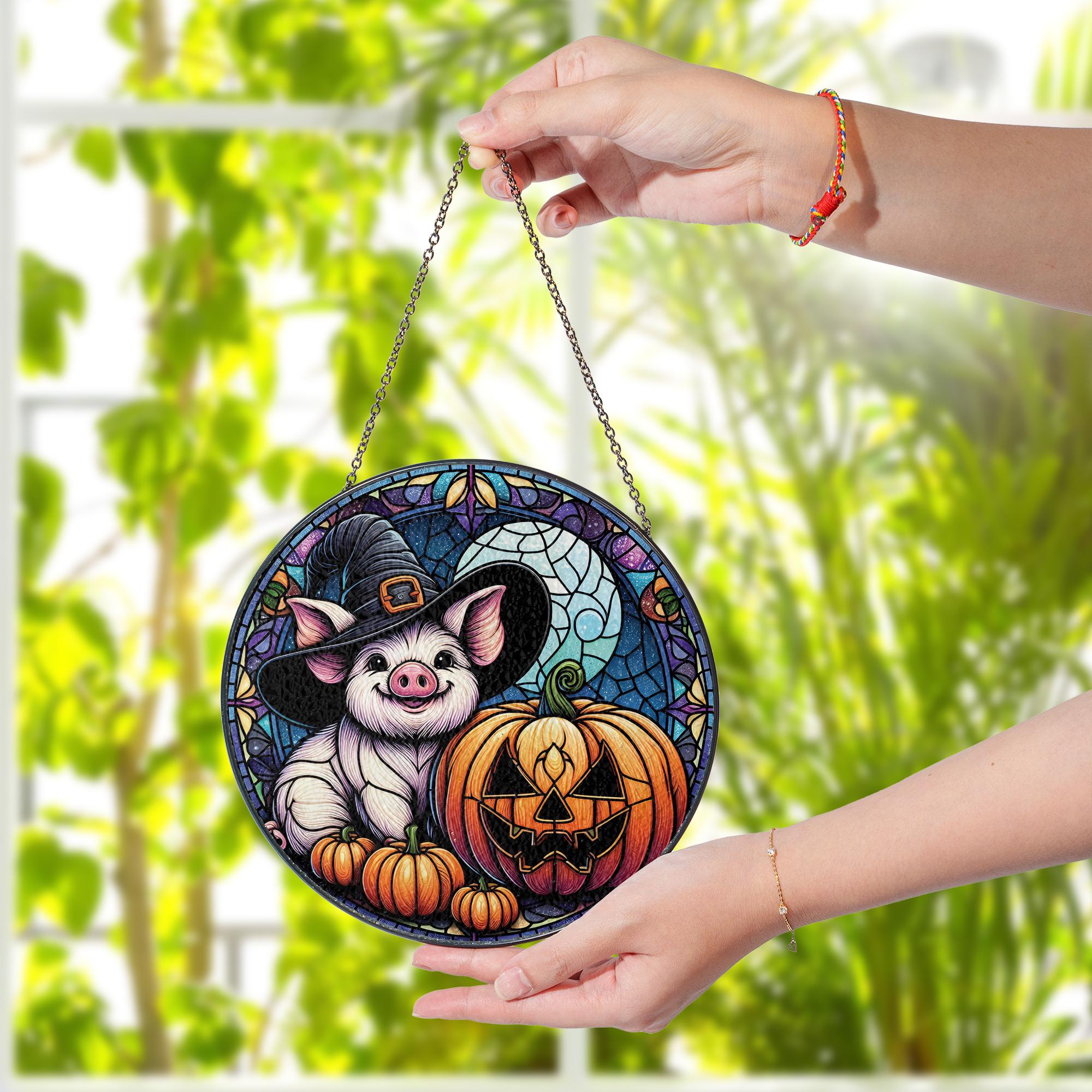 Pig and Pumpkin Glass Suncatcher, Halloween Witch Hat Scene