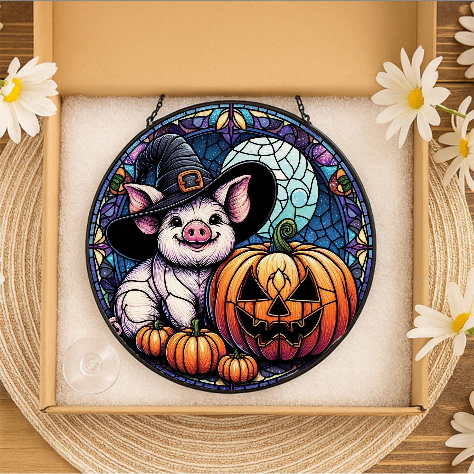 Pig and Pumpkin Glass Suncatcher, Halloween Witch Hat Scene