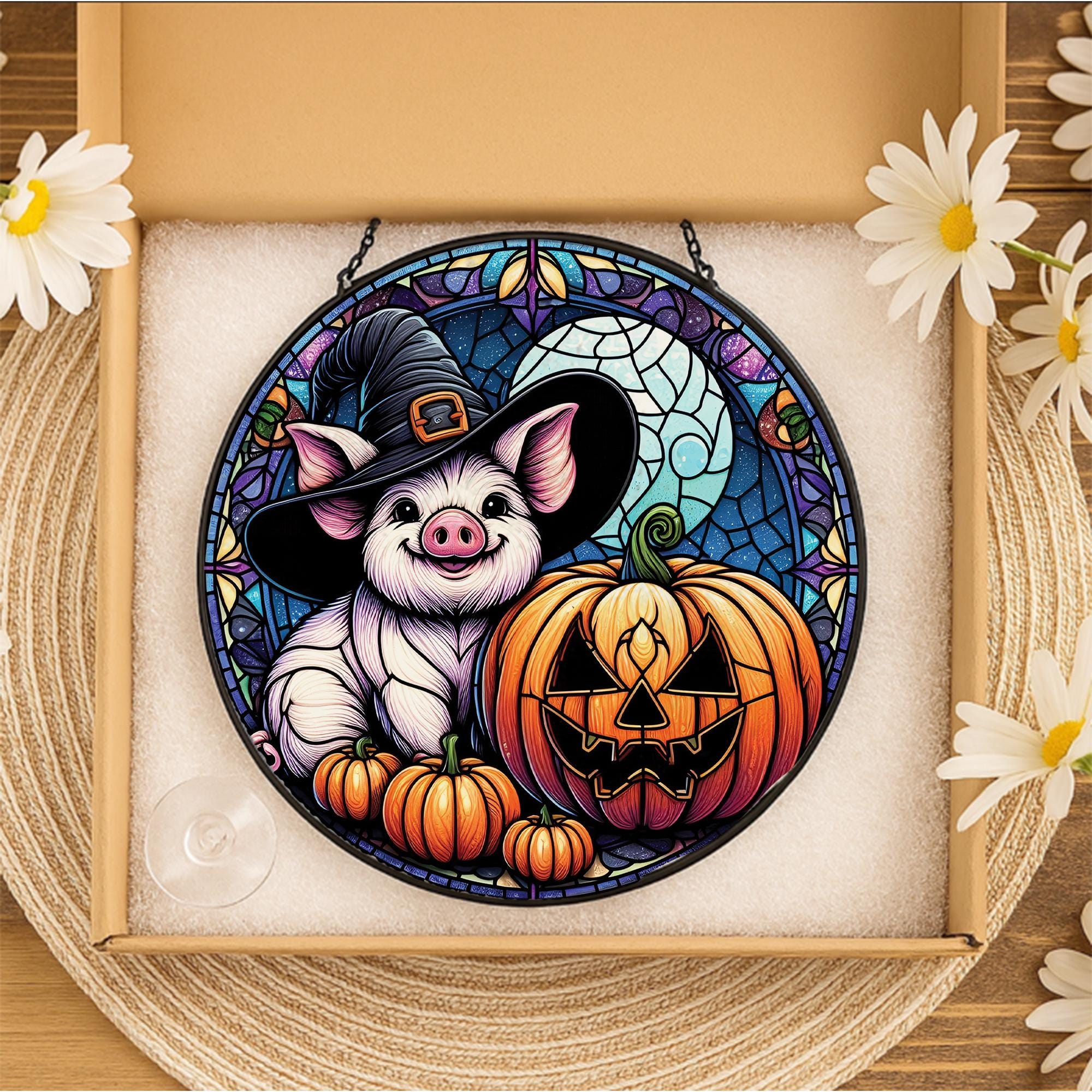 Pig and Pumpkin Glass Suncatcher, Halloween Witch Hat Scene