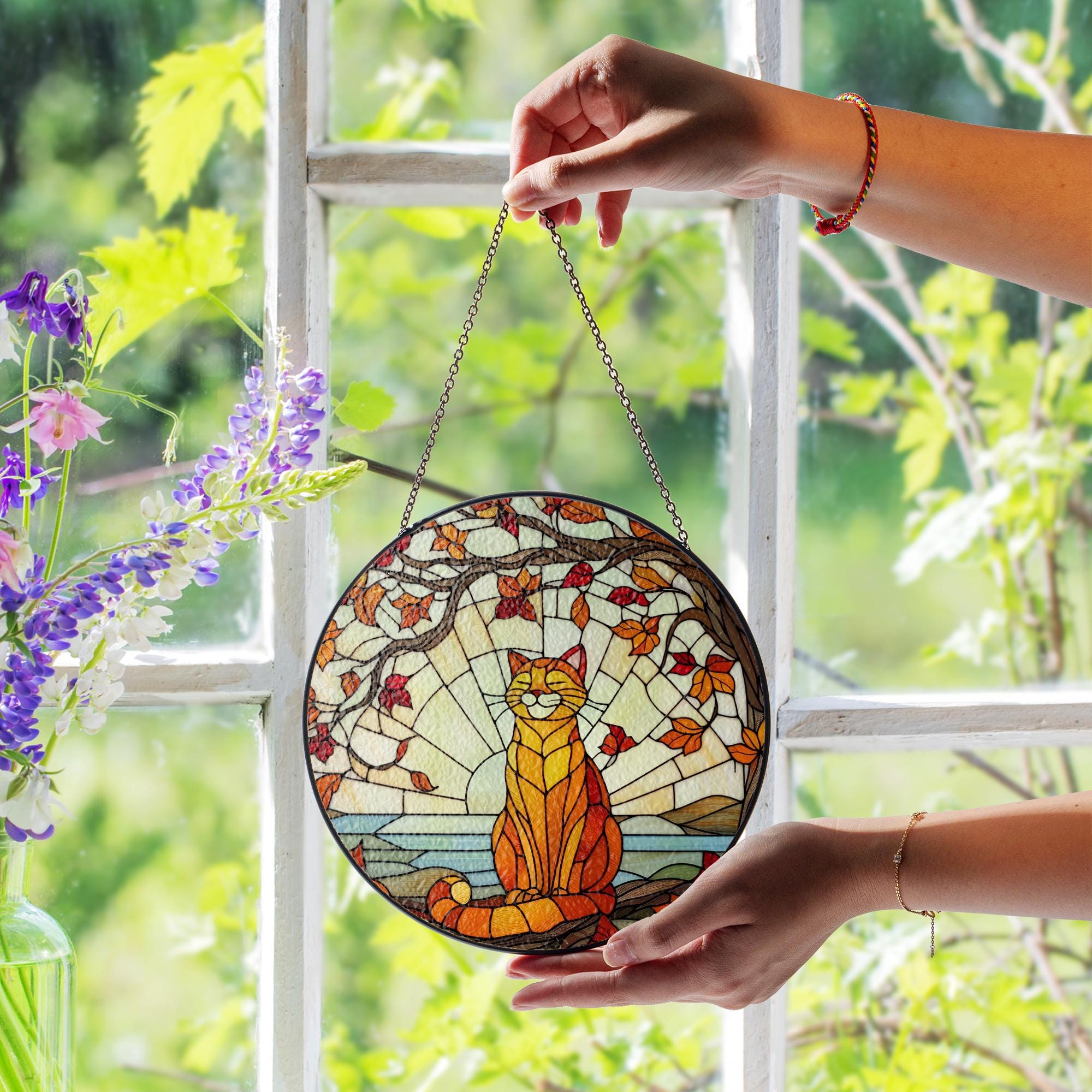 Glass Suncatcher with Cat Design, Autumn Leaves and Sunset Scene