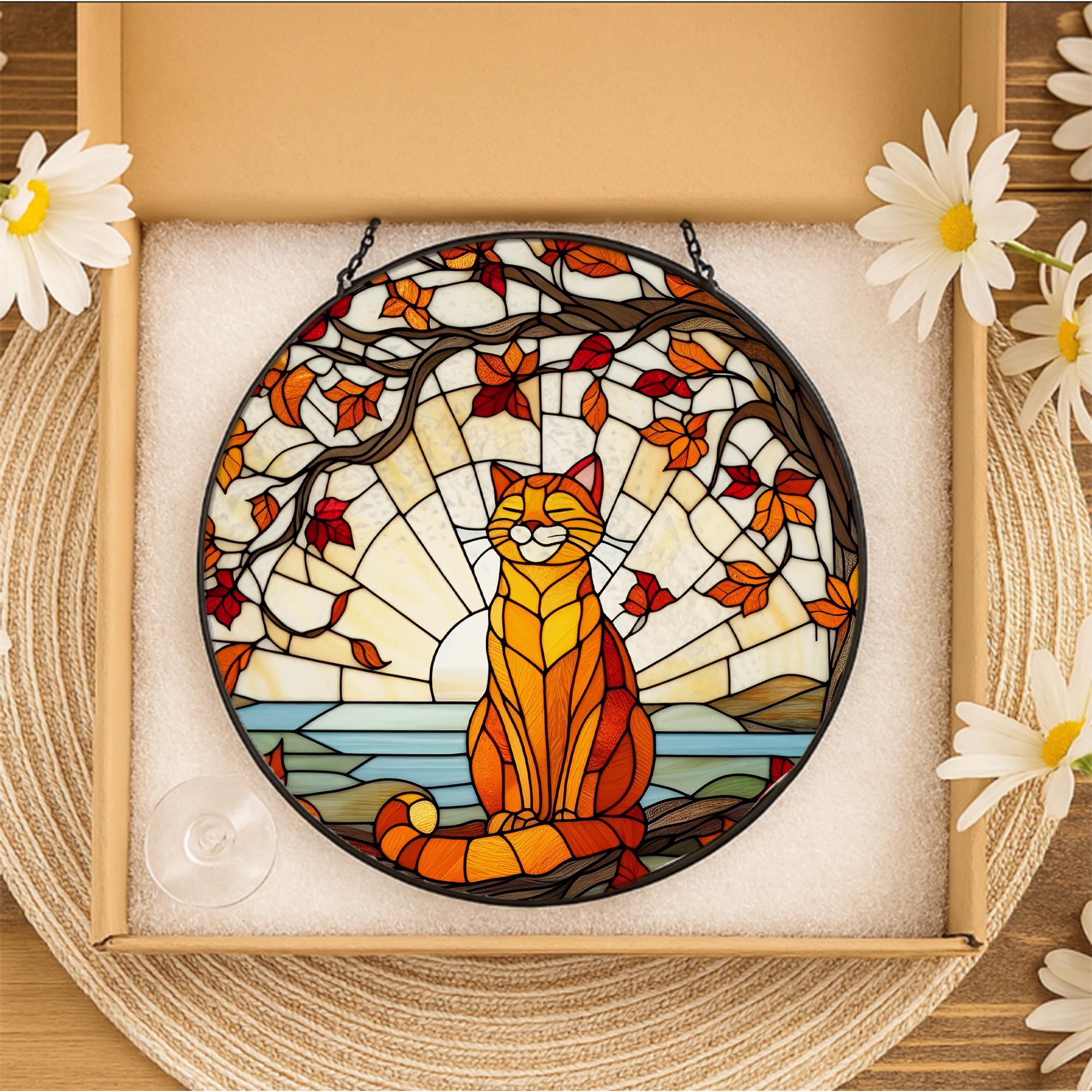 Glass Suncatcher with Cat Design, Autumn Leaves and Sunset Scene