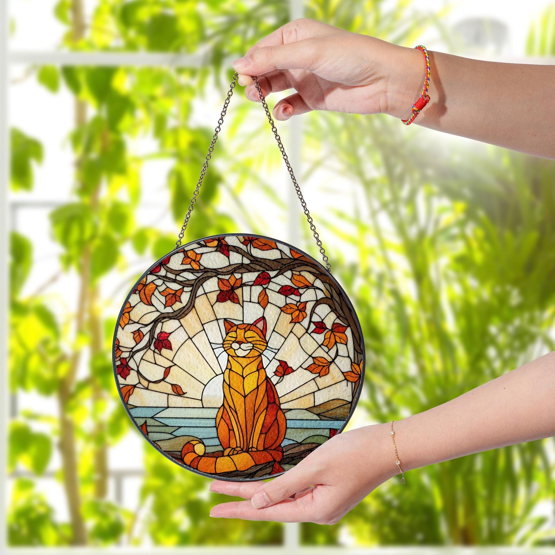 Glass Suncatcher with Cat Design, Autumn Leaves and Sunset Scene