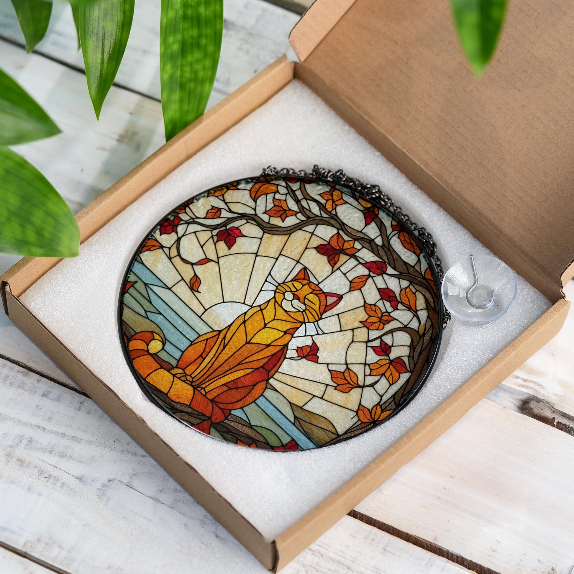 Glass Suncatcher with Cat Design, Autumn Leaves and Sunset Scene
