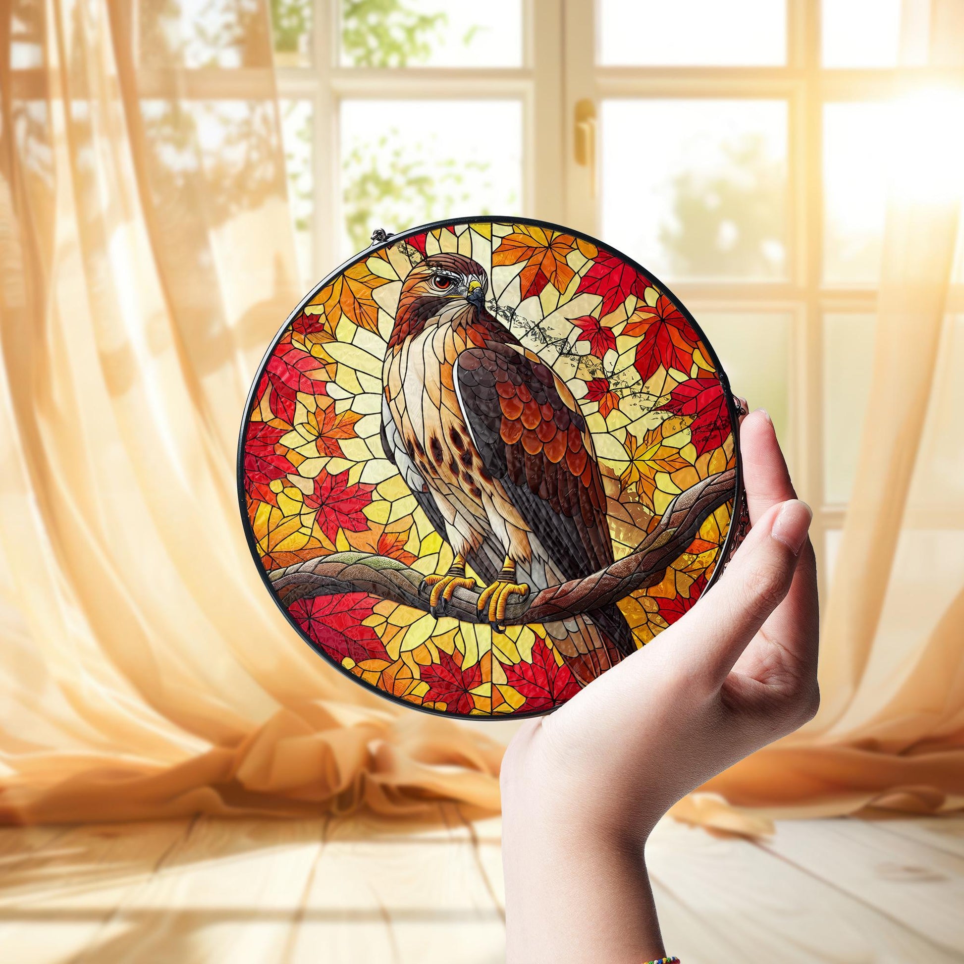 Red Tailed Hawk Suncatcher - Autumn Leaves Window Hanging Ornament