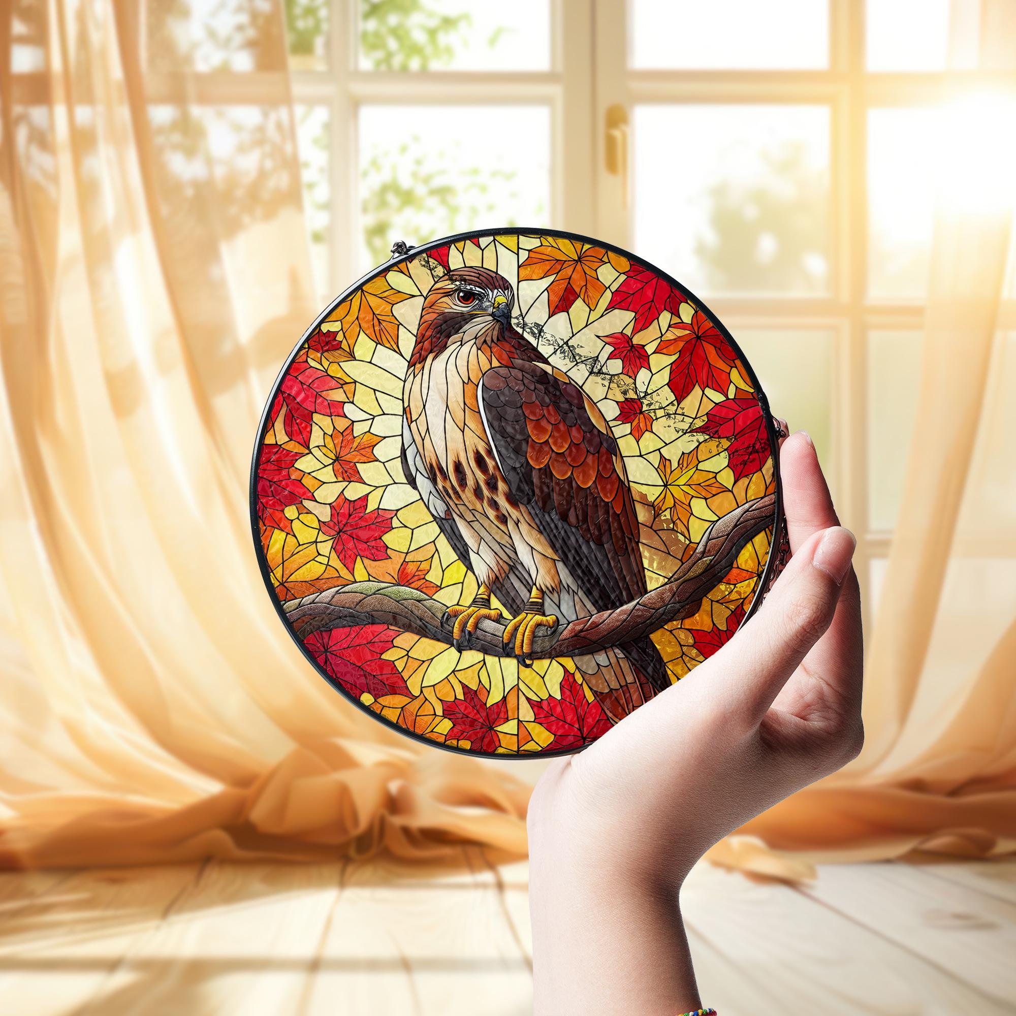 Red Tailed Hawk Suncatcher - Autumn Leaves Window Hanging Ornament