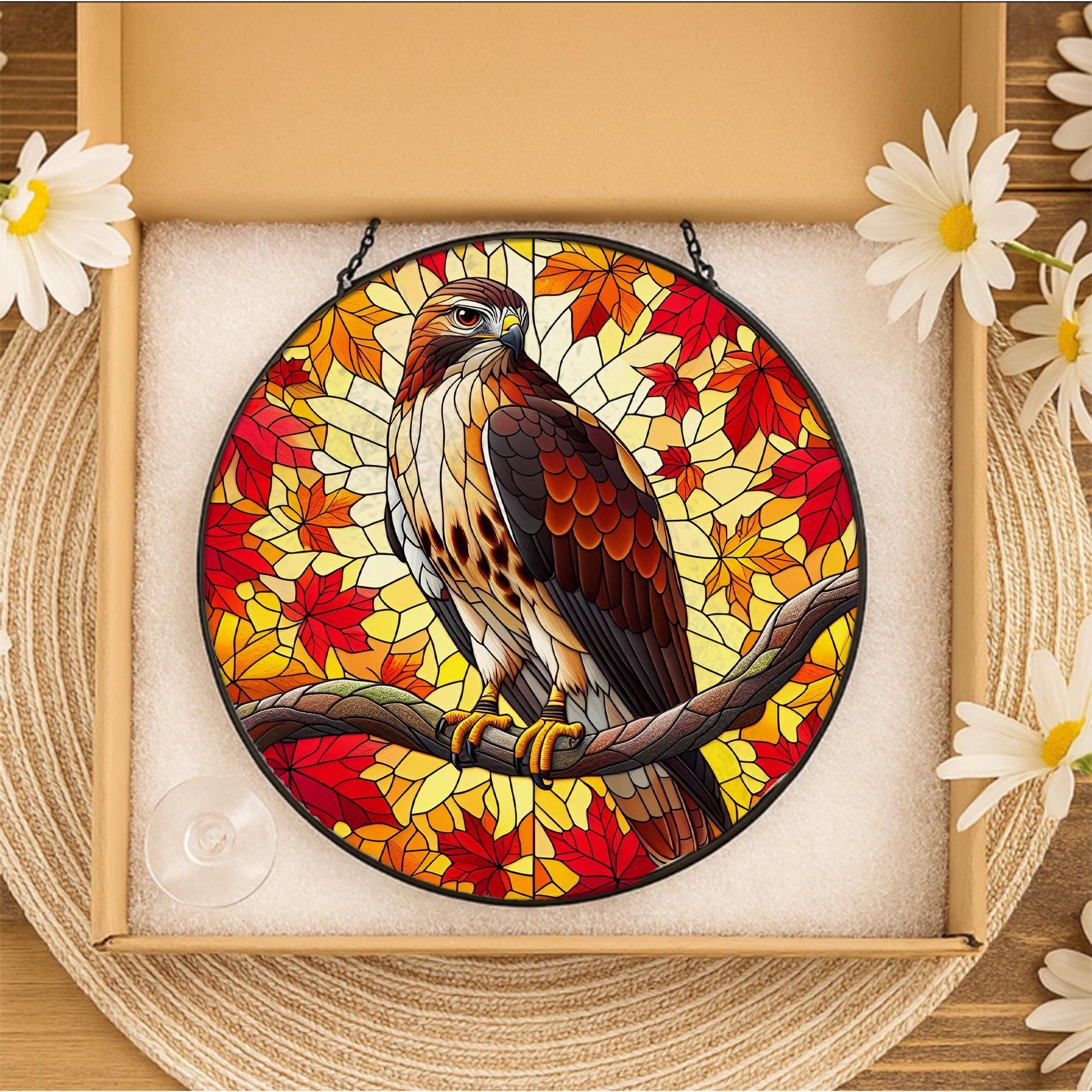Red Tailed Hawk Suncatcher - Autumn Leaves Window Hanging Ornament