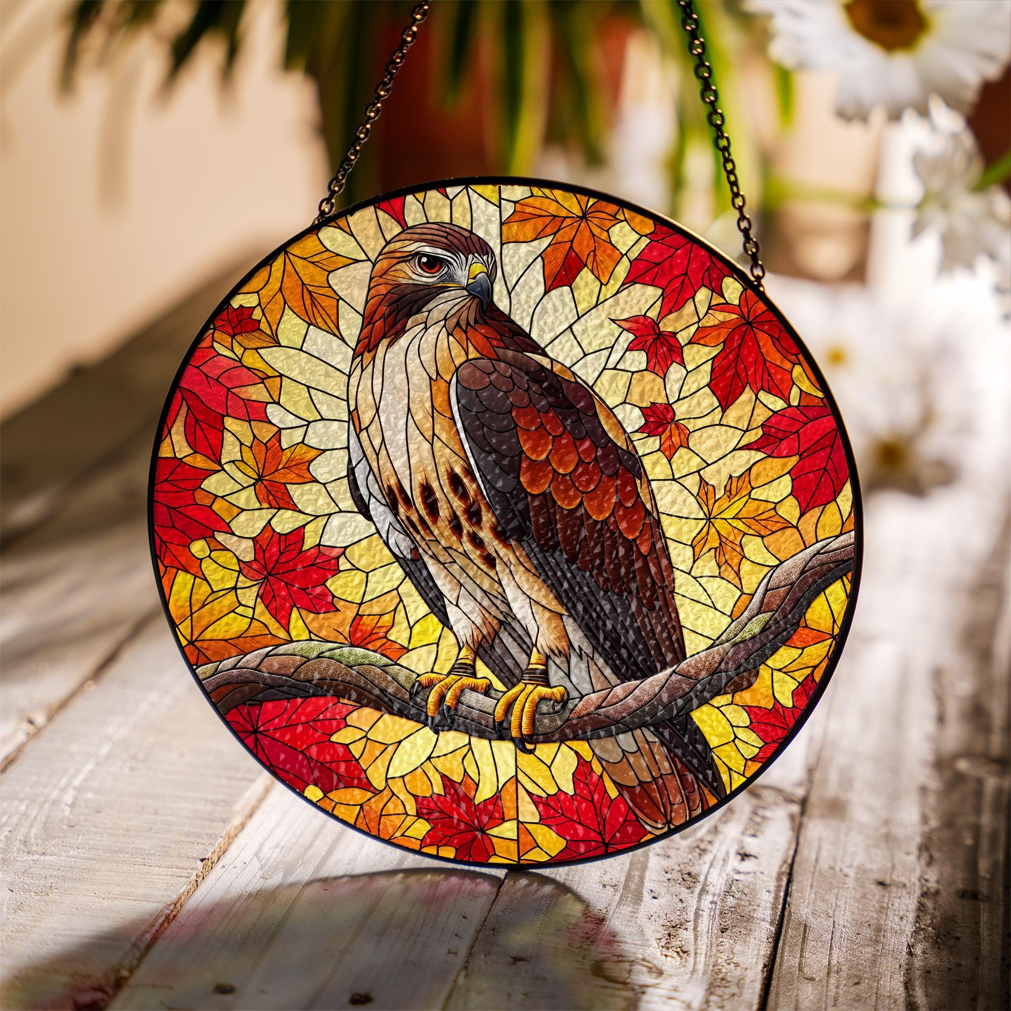 Red Tailed Hawk Suncatcher - Autumn Leaves Window Hanging Ornament