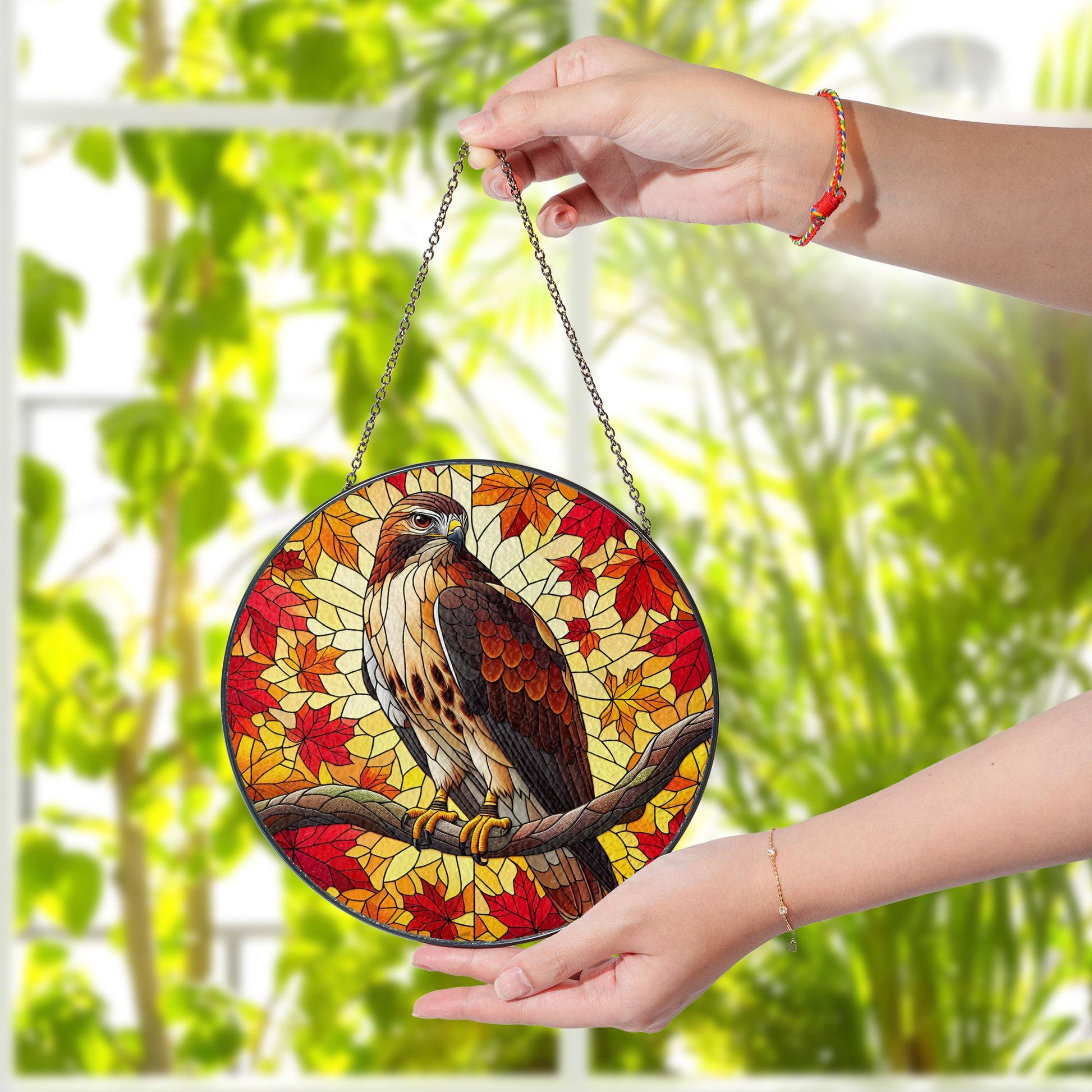 Red Tailed Hawk Suncatcher - Autumn Leaves Window Hanging Ornament