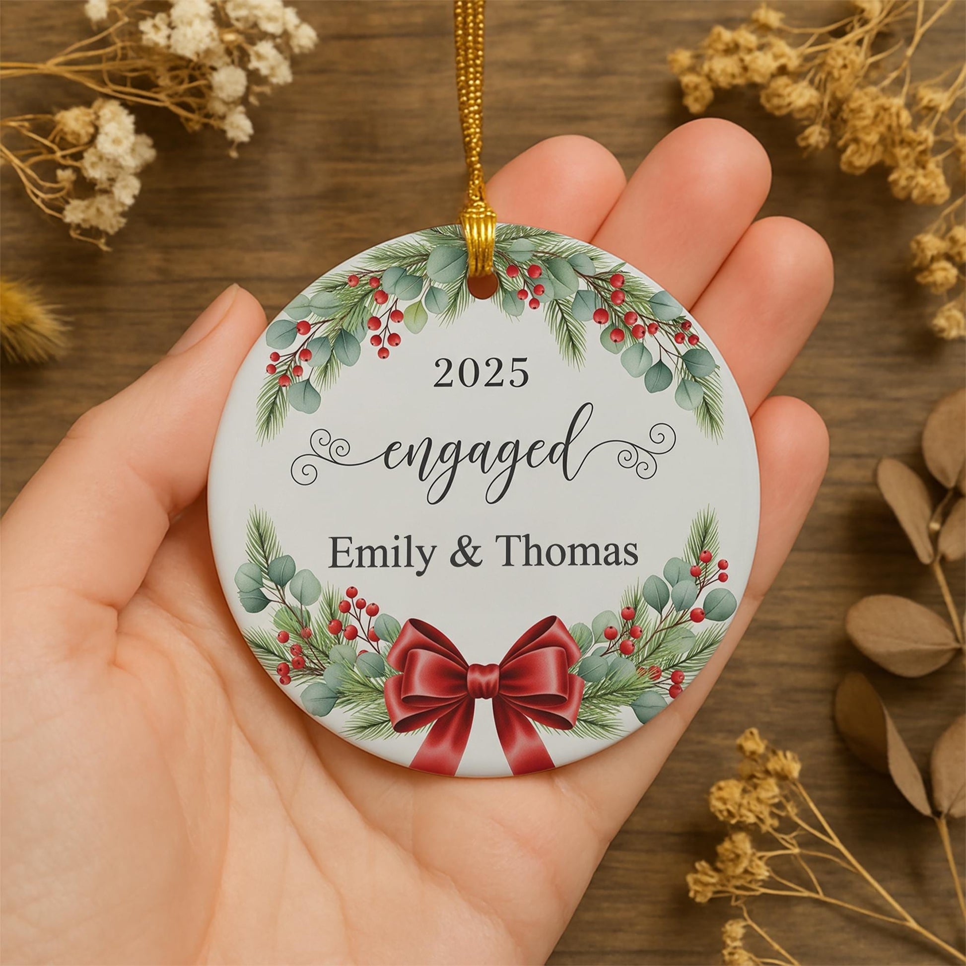 Personalized Engagement Ornament with Names and Year: Christmas Wreath Holiday Decoration