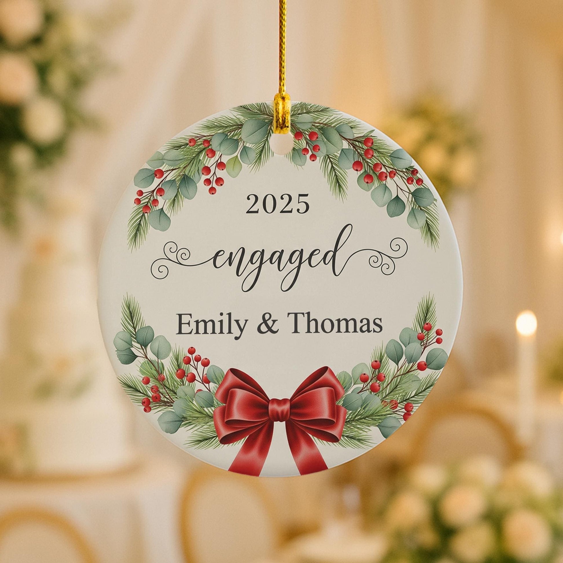 Personalized Engagement Ornament with Names and Year: Christmas Wreath Holiday Decoration