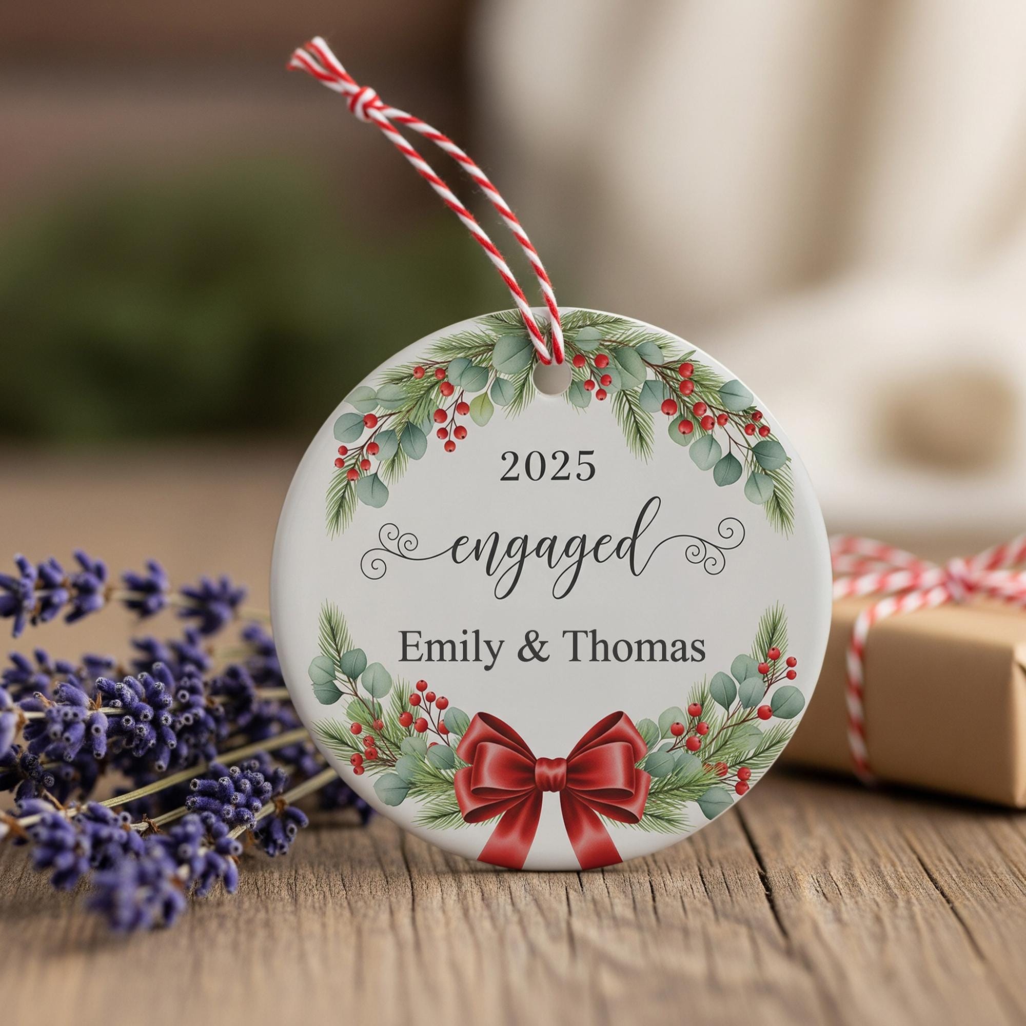 Personalized Engagement Ornament with Names and Year: Christmas Wreath Holiday Decoration