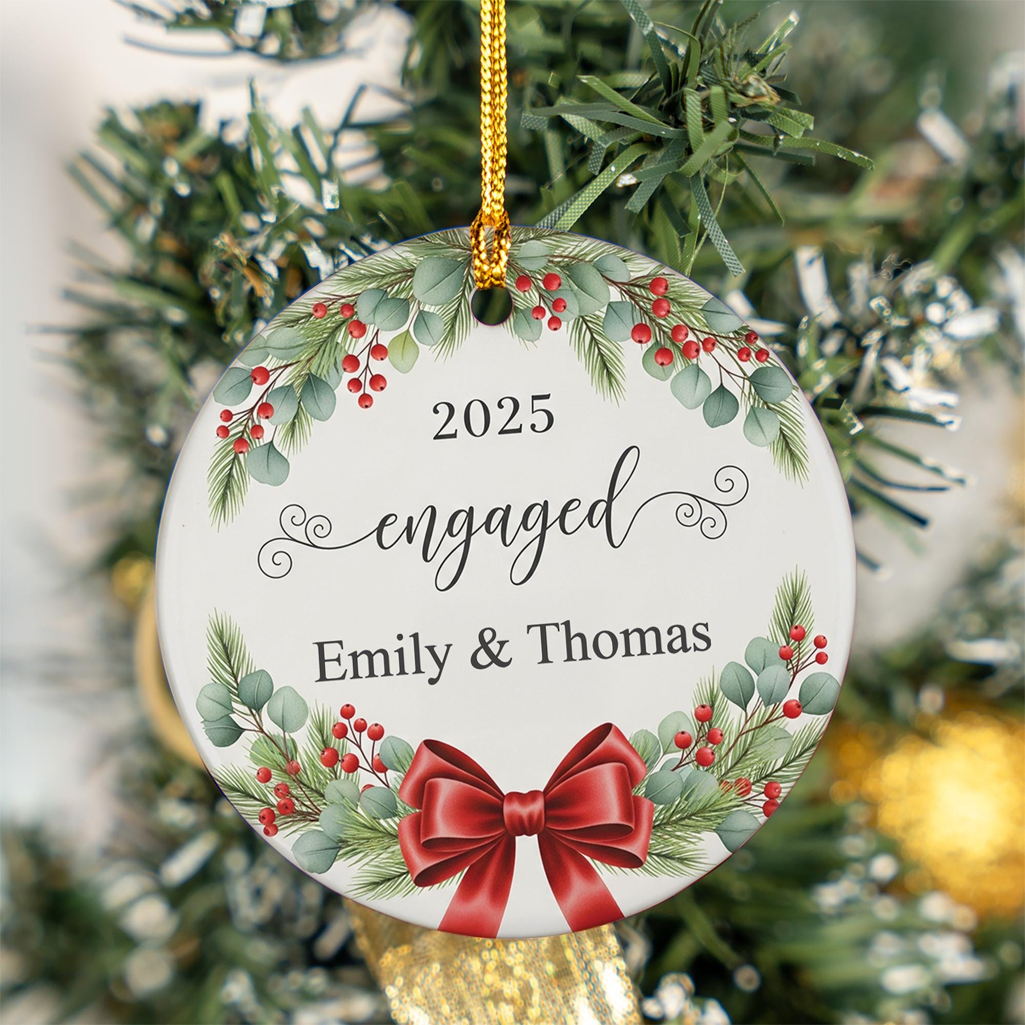 Personalized Engagement Ornament with Names and Year: Christmas Wreath Holiday Decoration