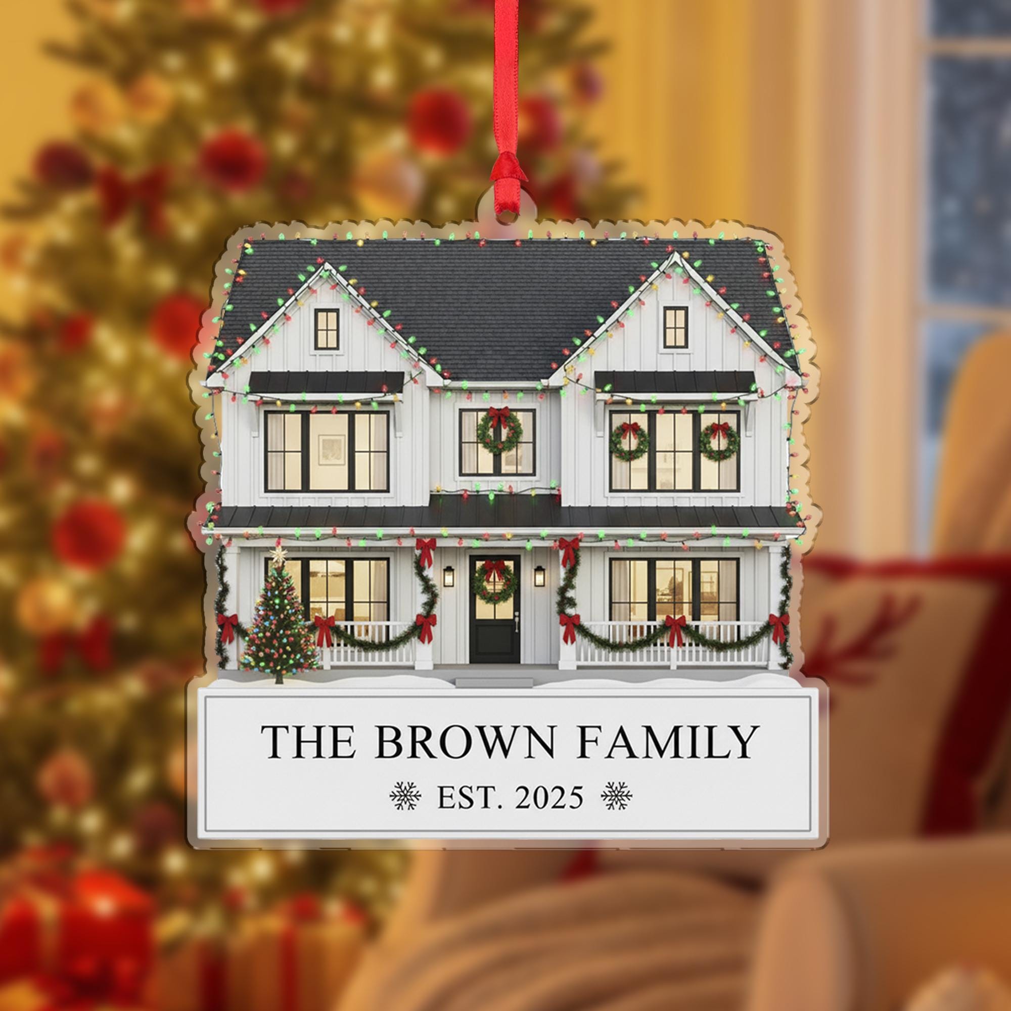 Custom House Christmas Ornament with Family Name and Year: Personalized Home Ornament