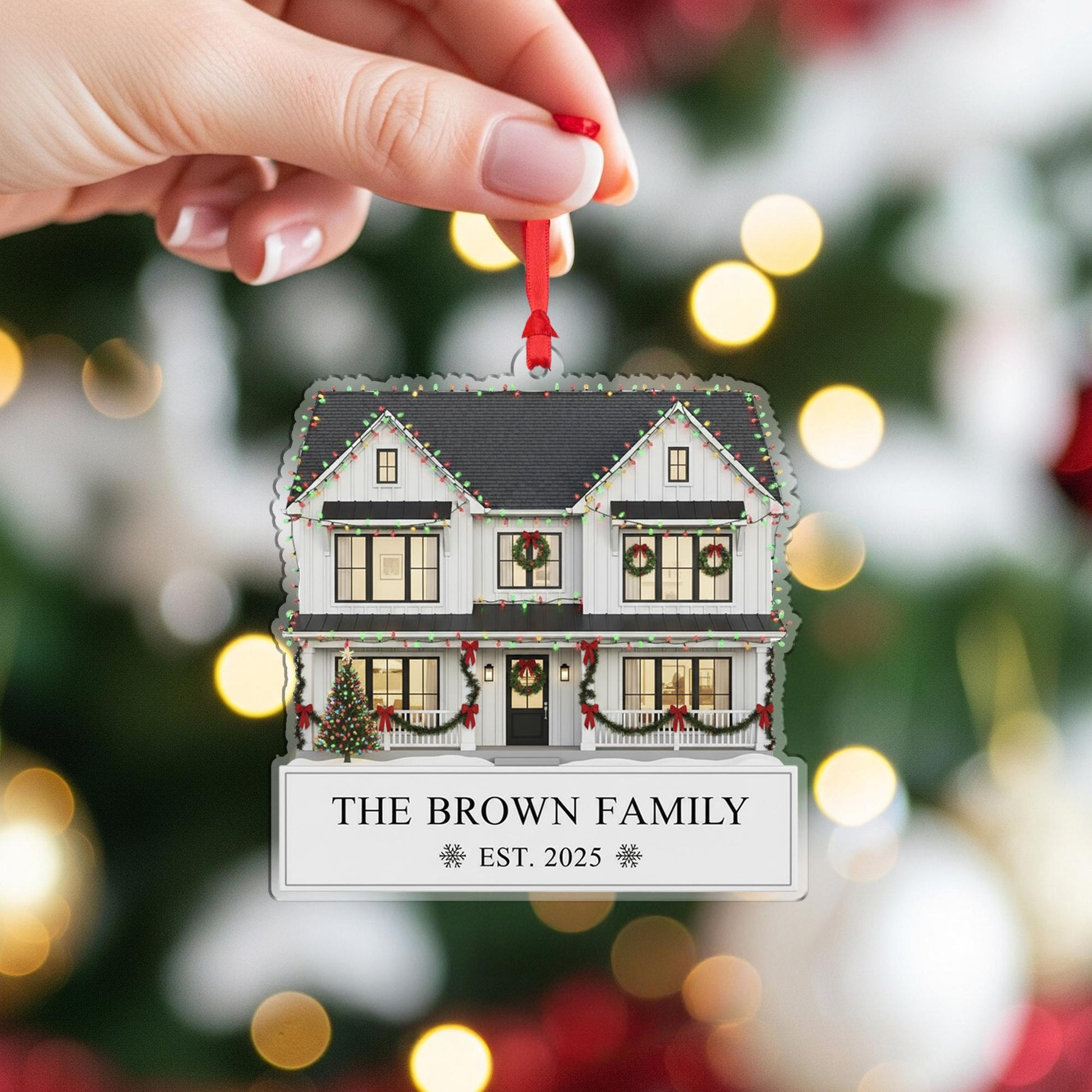 Custom House Christmas Ornament with Family Name and Year: Personalized Home Ornament