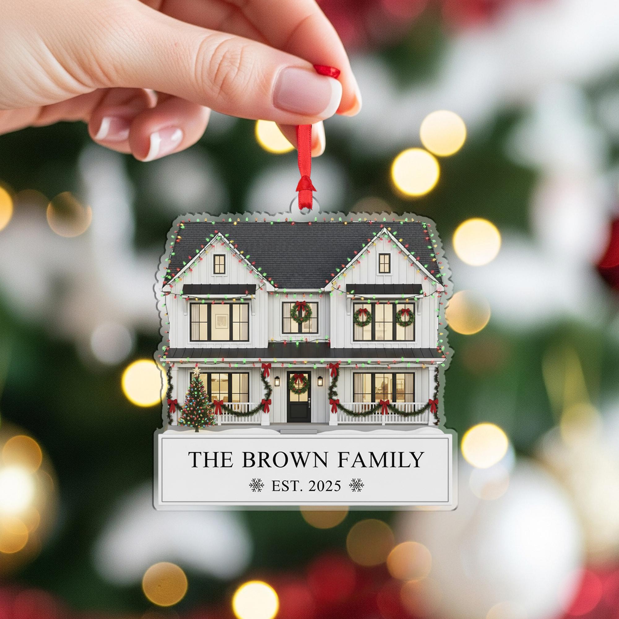 Custom House Christmas Ornament with Family Name and Year: Personalized Home Ornament