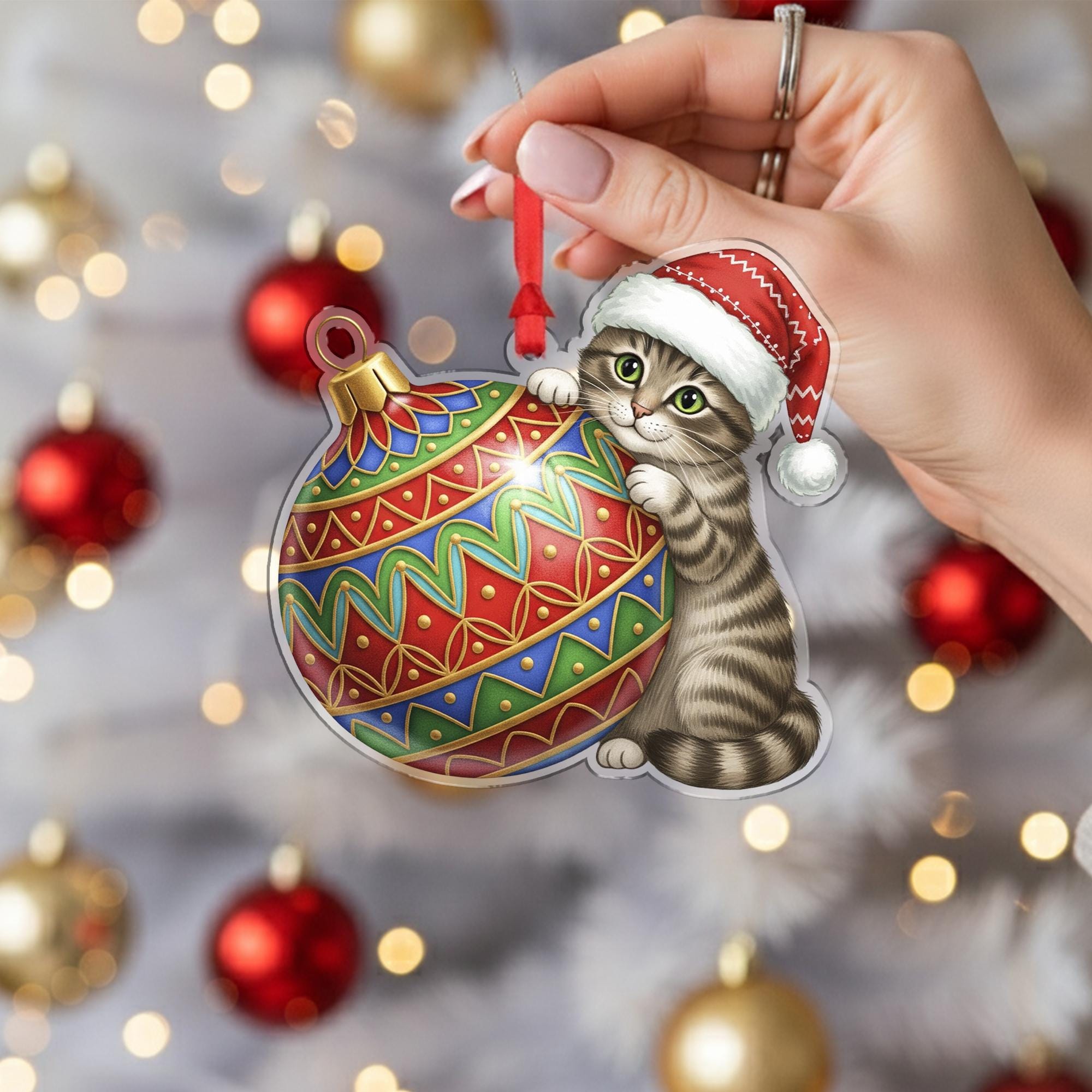 Christmas Cat Ornament Acrylic Suncatcher Red Santa Hat Hanging Decor