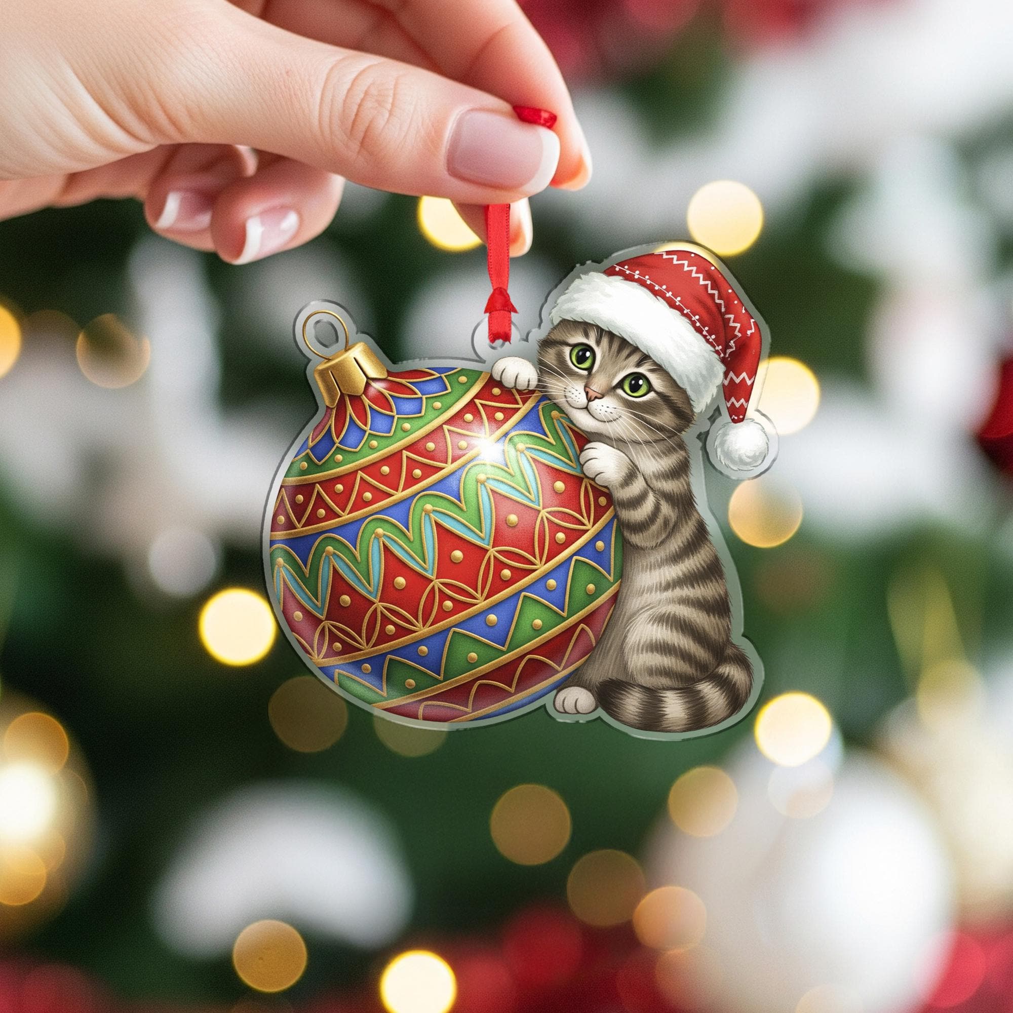 Christmas Cat Ornament Acrylic Suncatcher Red Santa Hat Hanging Decor
