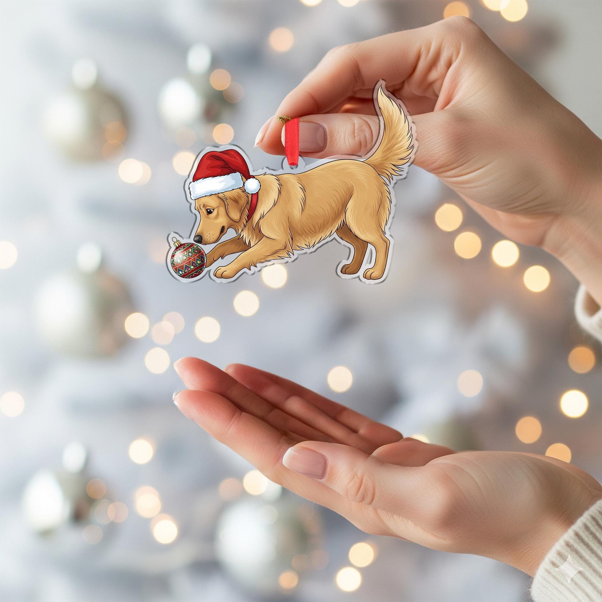 Christmas Dog Ornament Acrylic Suncatcher Golden Retriever Santa Hat Decor