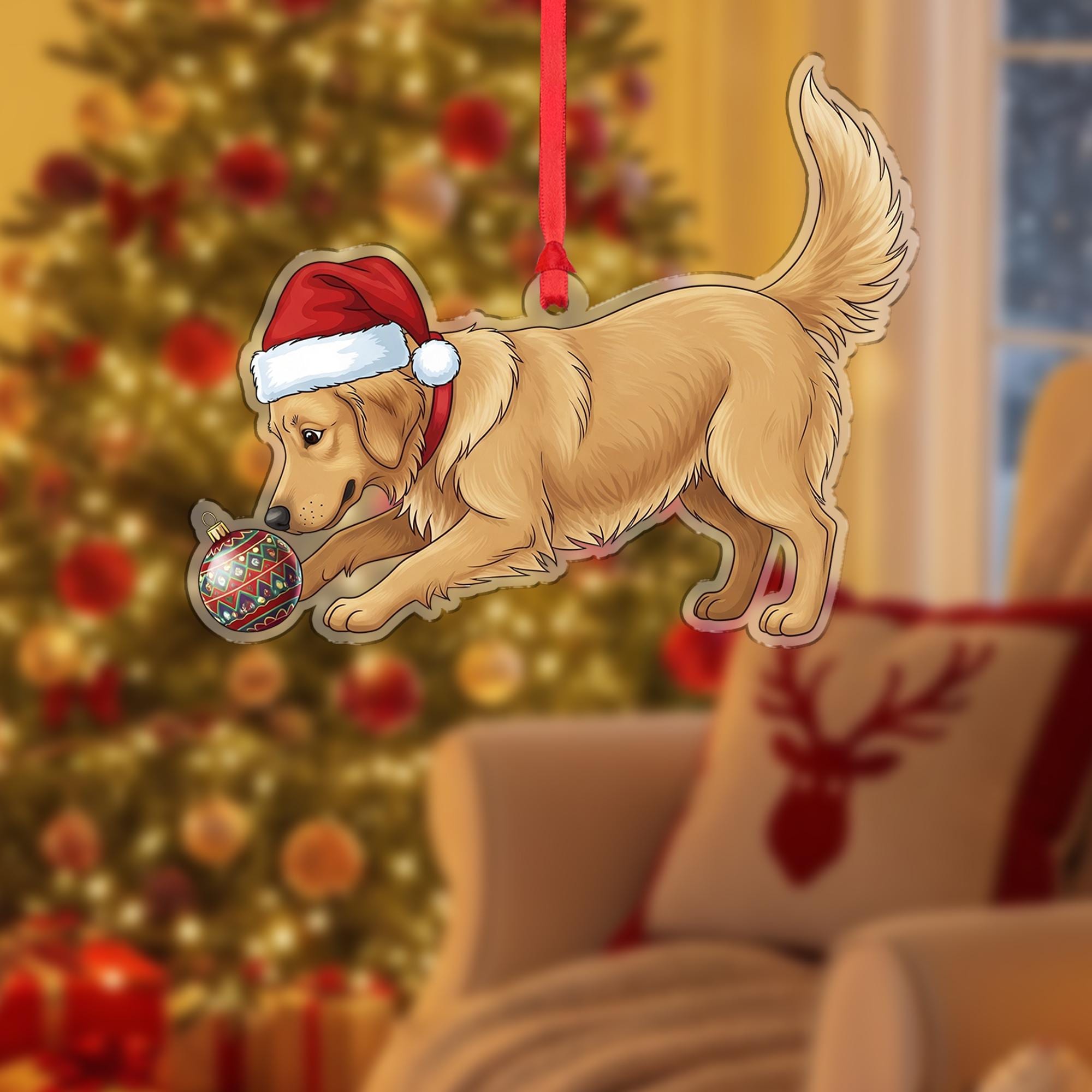 Christmas Dog Ornament Acrylic Suncatcher Golden Retriever Santa Hat Decor