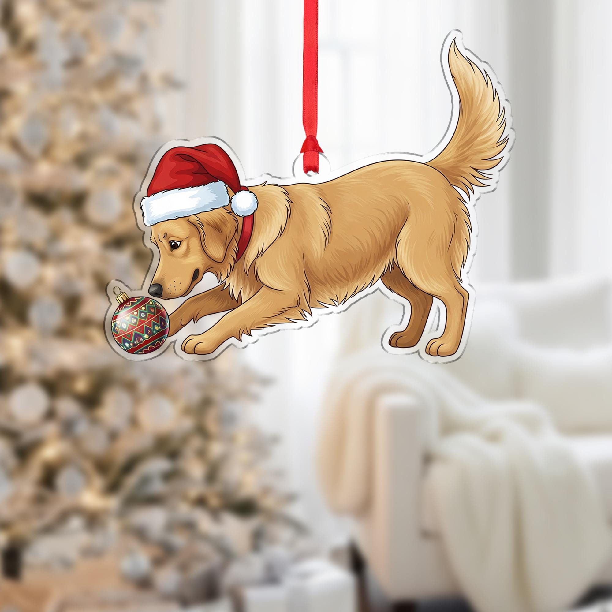 Christmas Dog Ornament Acrylic Suncatcher Golden Retriever Santa Hat Decor