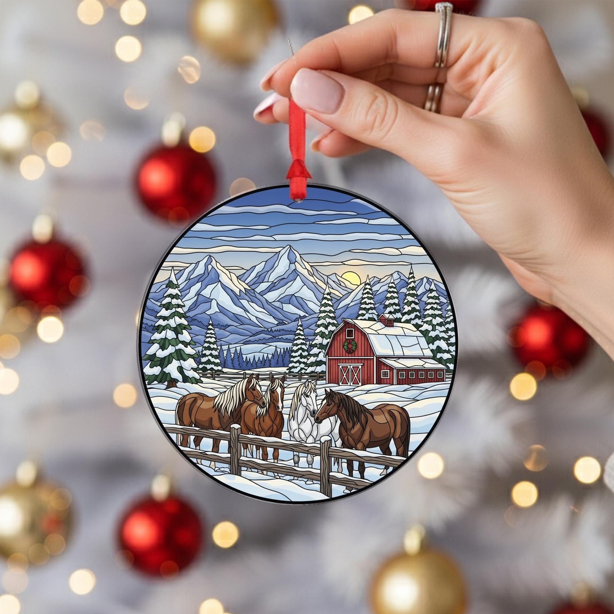Horse Ornament Christmas Suncatcher Winter Barn Mountain Farm Decor